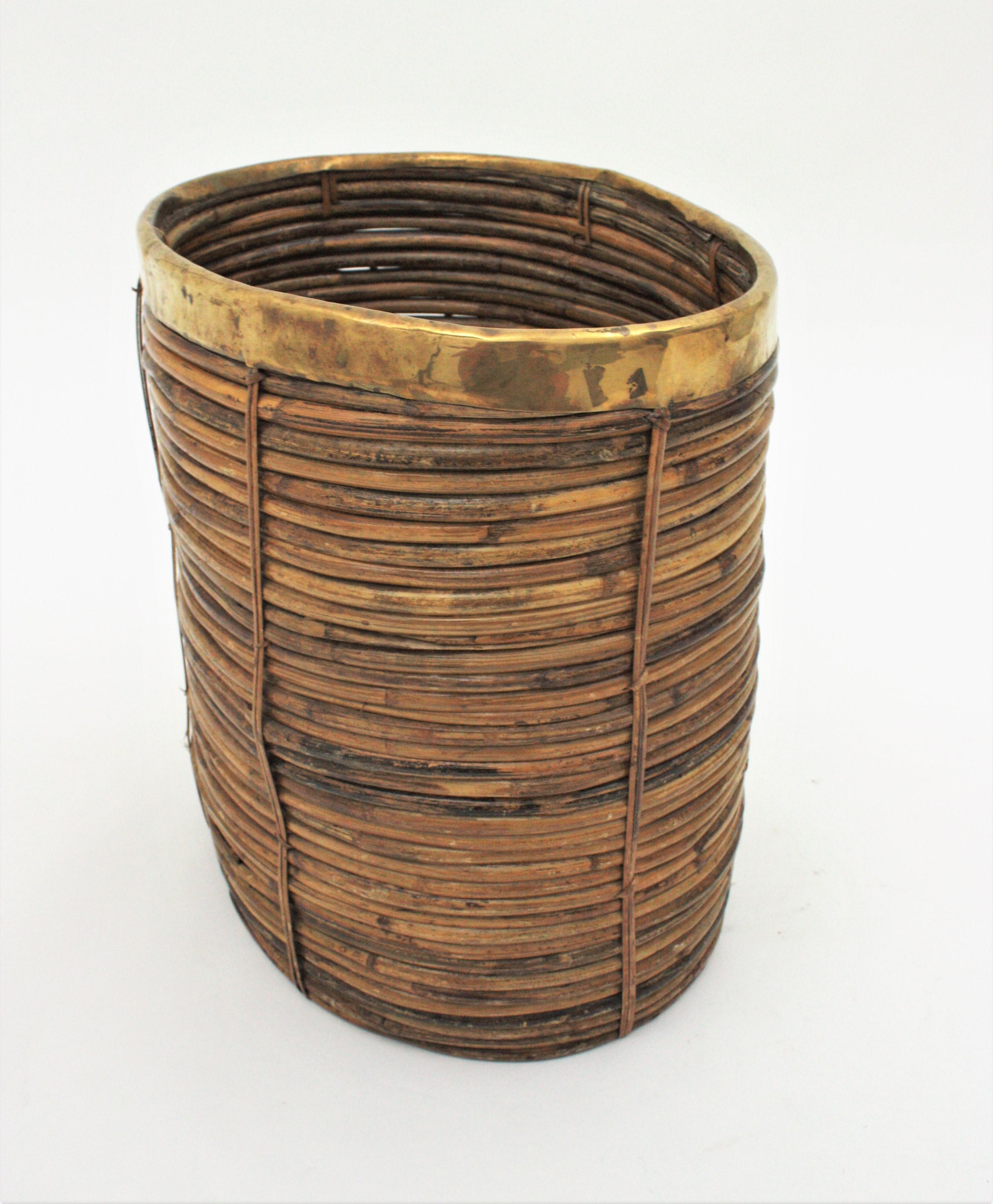 Large Rattan Bamboo Midcentury Oval Planter with Brass Rim, 1960s 4