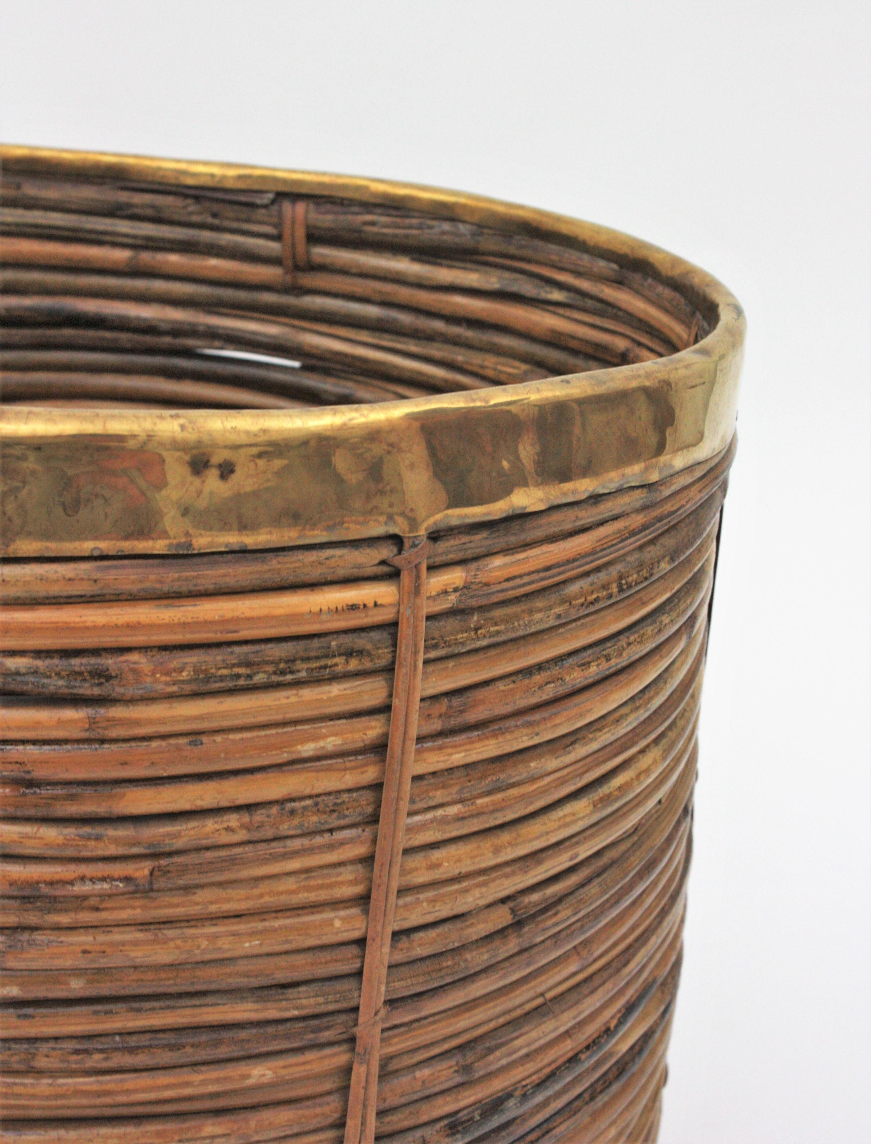 Large Rattan Bamboo Midcentury Oval Planter with Brass Rim, 1960s 5
