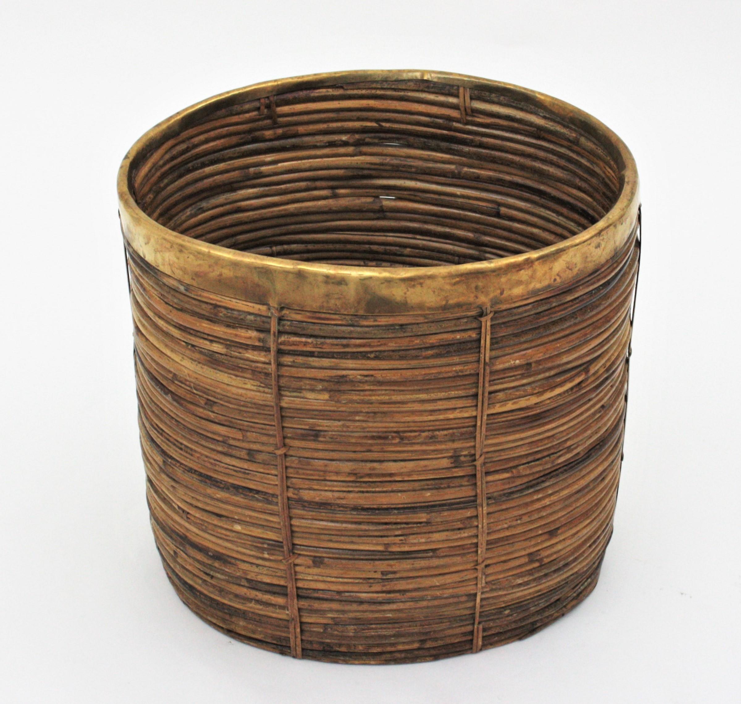 Hand-Carved Large Rattan Bamboo Midcentury Oval Planter with Brass Rim, 1960s