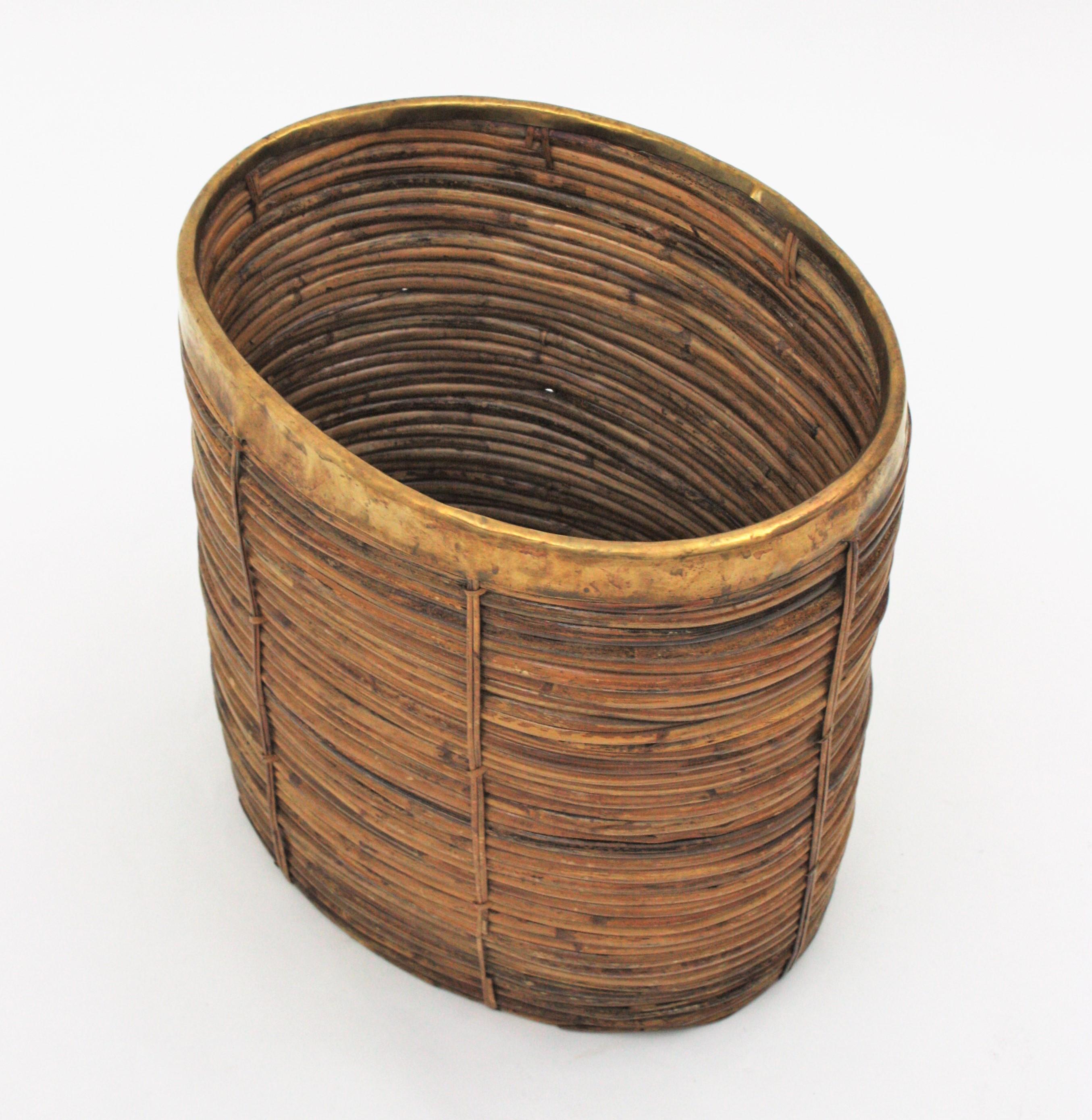 Large Rattan Bamboo Midcentury Oval Planter with Brass Rim, 1960s 1