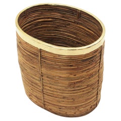 Large Rattan Bamboo Midcentury Oval Planter with Brass Rim, 1960s