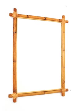 Large Rattan Bamboo Rectangular Mirror with Crossed Corners