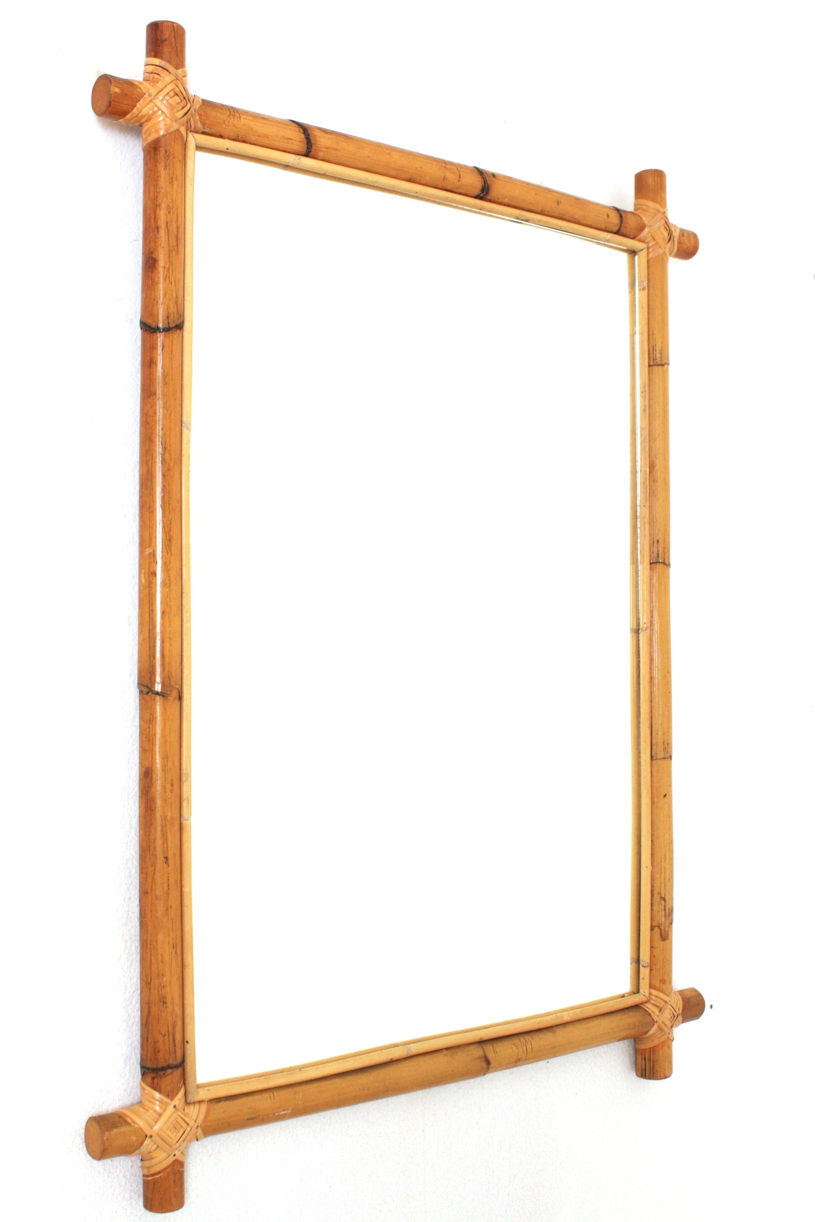 Mid-Century Modern Large Rattan Bamboo Rectangular Mirror with Crossed Corners For Sale