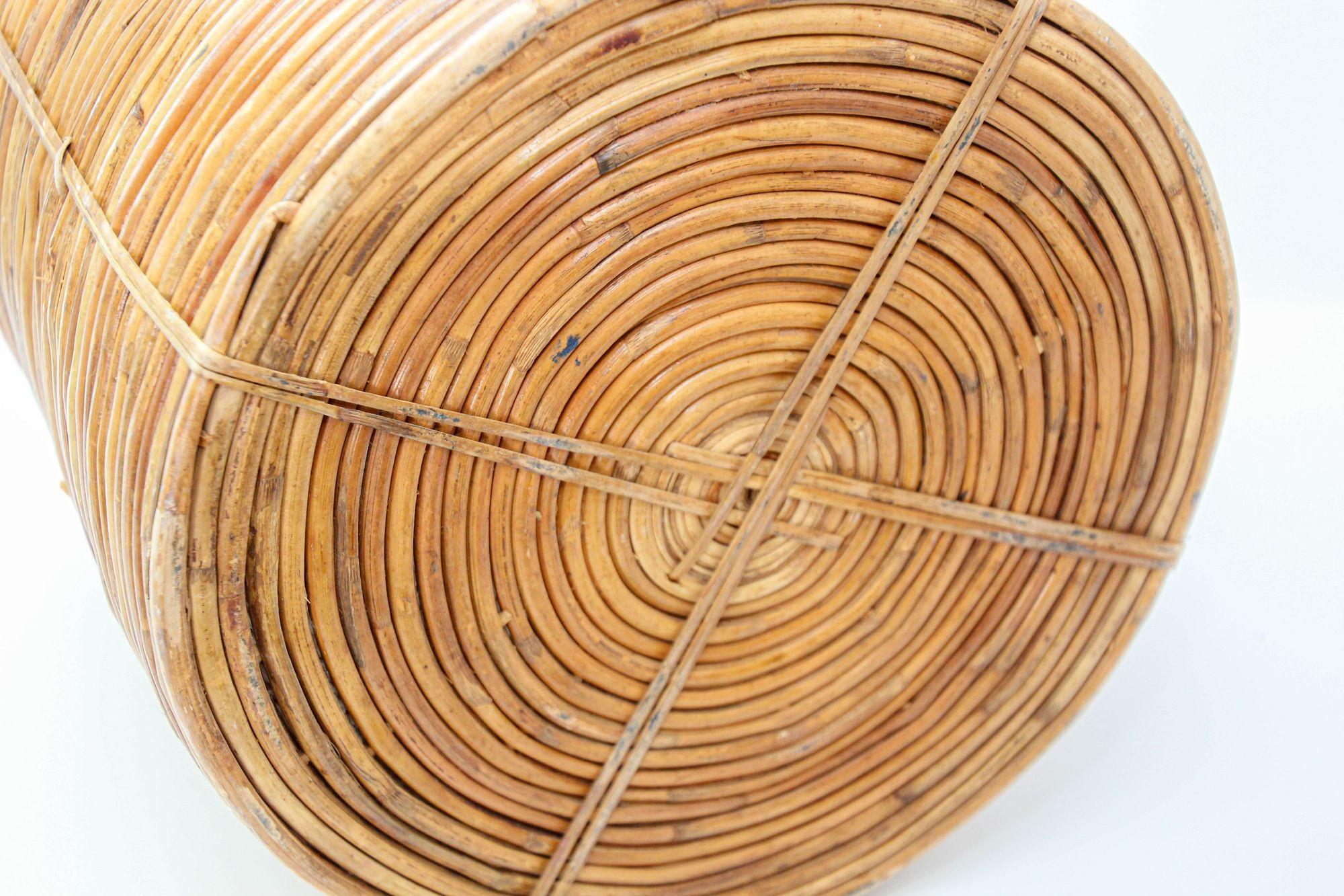 Large Rattan Bamboo Round Planter Brass Rim Italy, 1970s For Sale 8