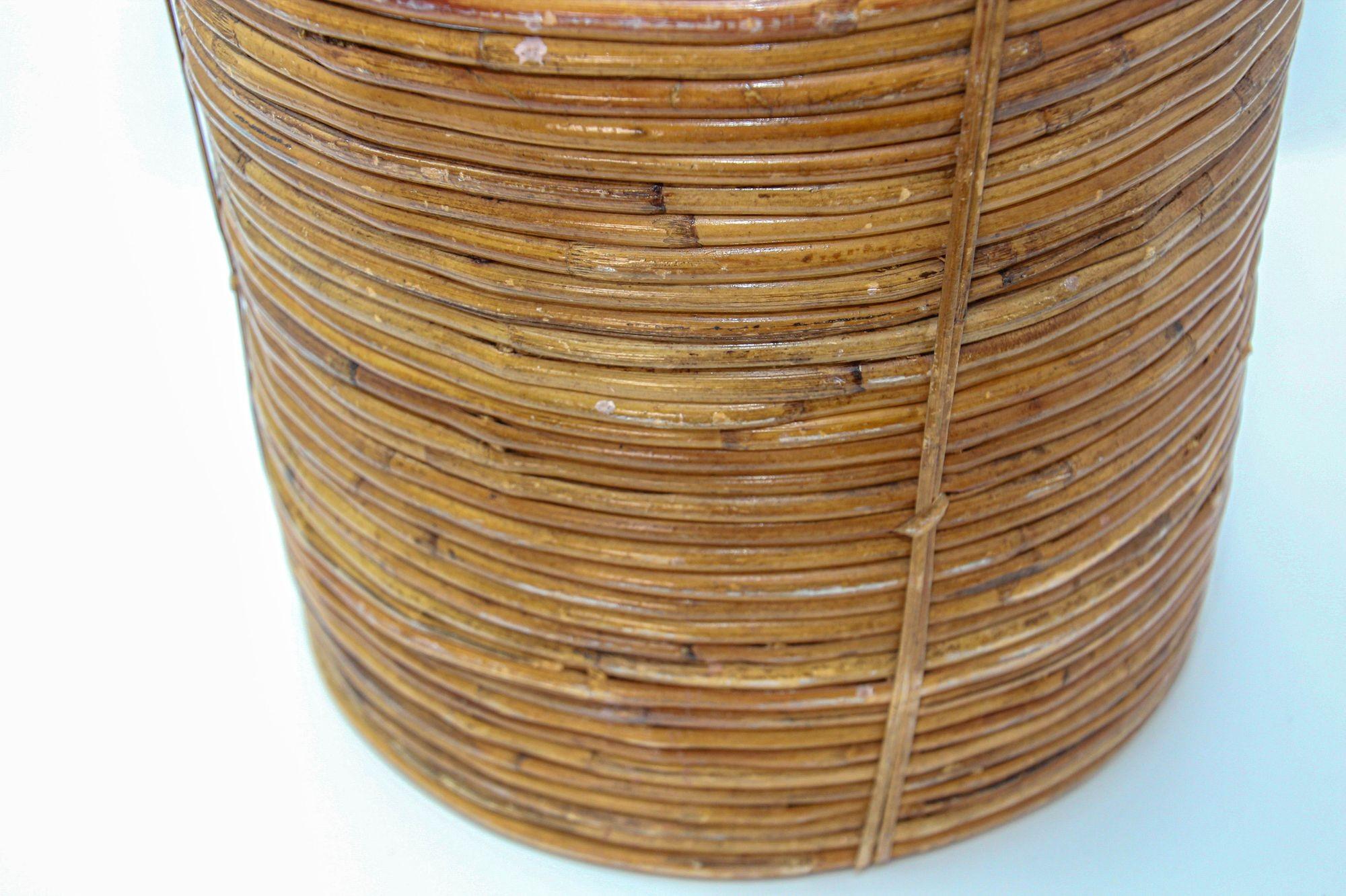 Organic Modern Large Rattan Bamboo Round Planter Brass Rim Italy, 1970s For Sale