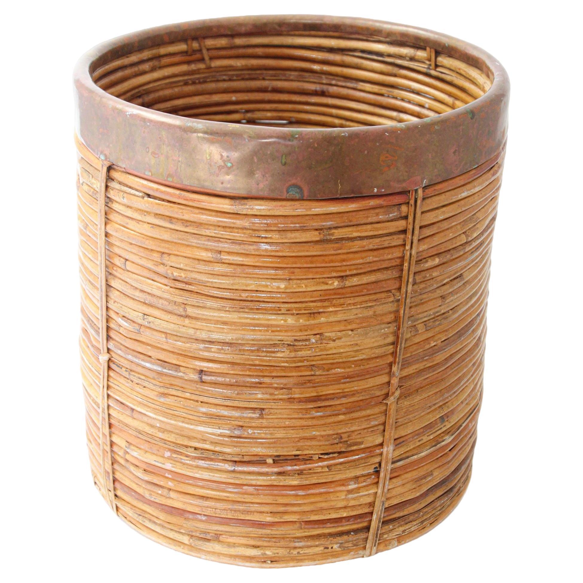 Large Rattan Bamboo Round Planter Brass Rim Italy, 1970s For Sale