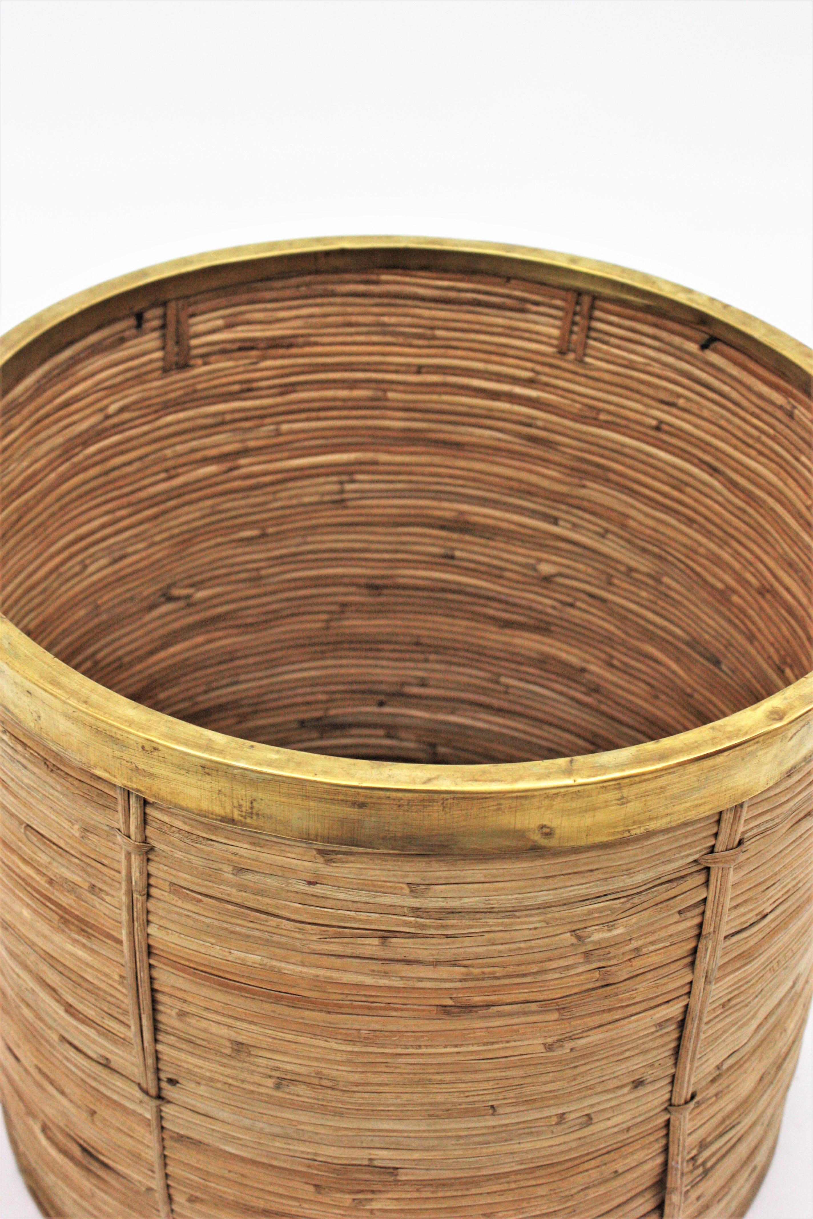 Large Rattan Bamboo Round Planter with Brass Rim, Italy, 1970s For Sale 3