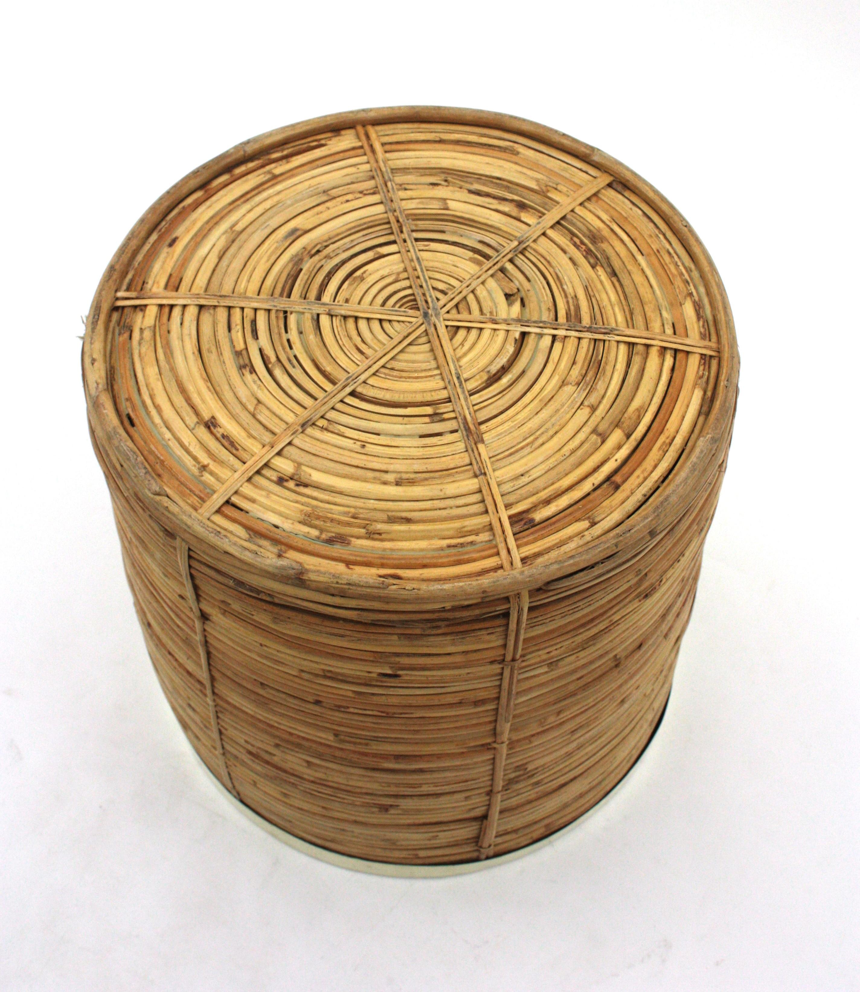 Large Rattan Bamboo Round Planter with Brass Rim, Italy, 1970s 3