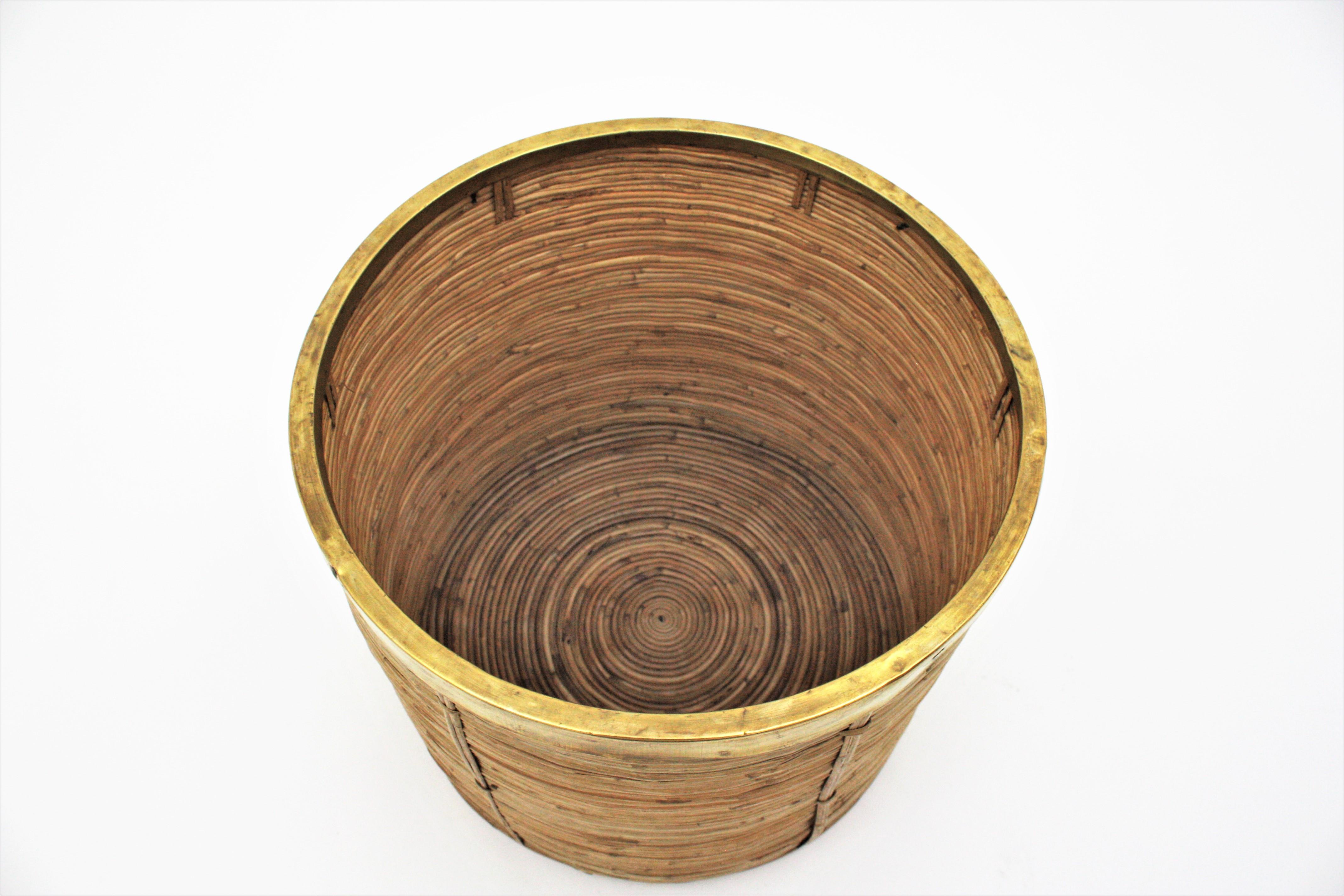 Large Rattan Bamboo Round Planter with Brass Rim, Italy, 1970s For Sale 4
