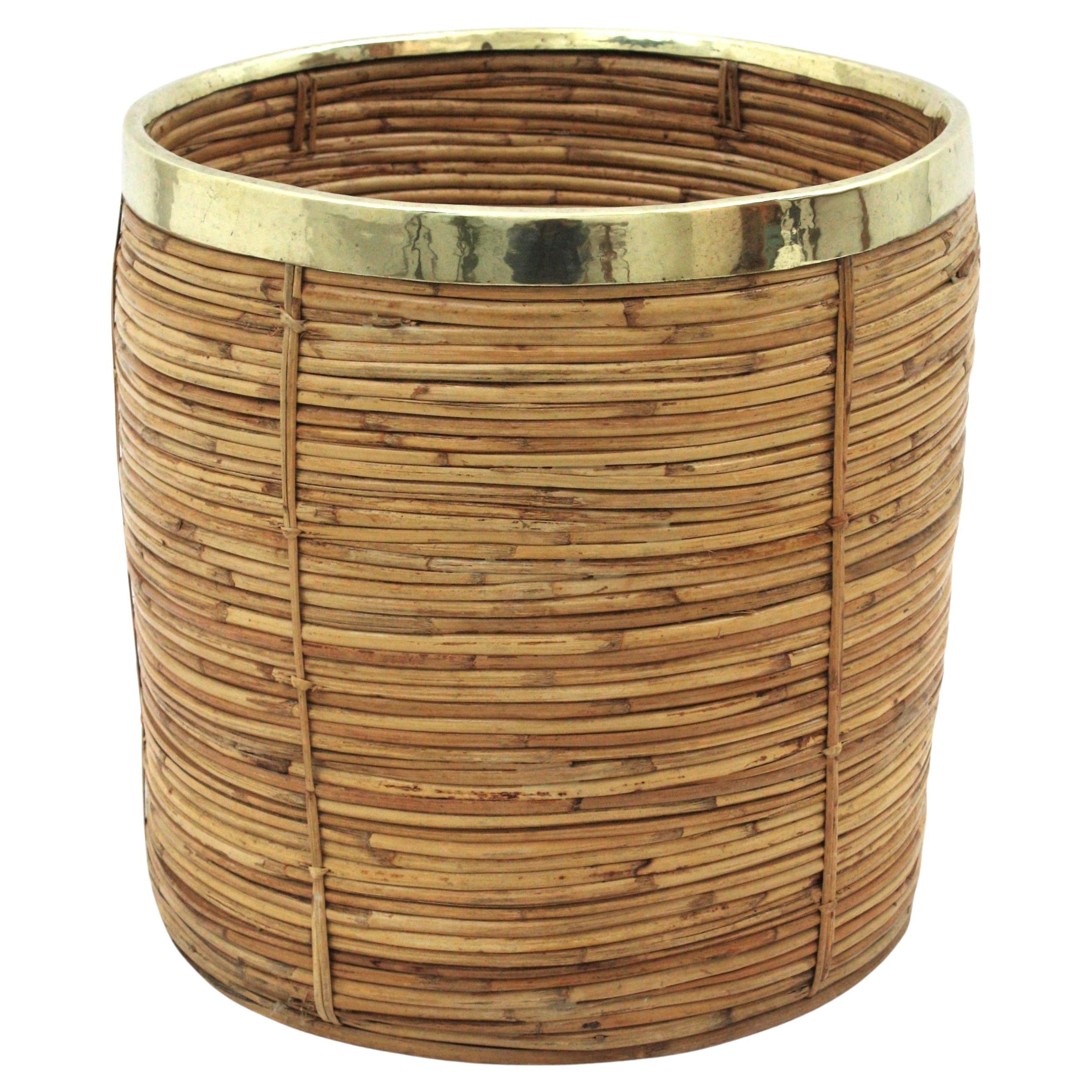 Mid-Century Modern Large Rattan Bamboo Round Planter with Brass Rim, Italy, 1970s