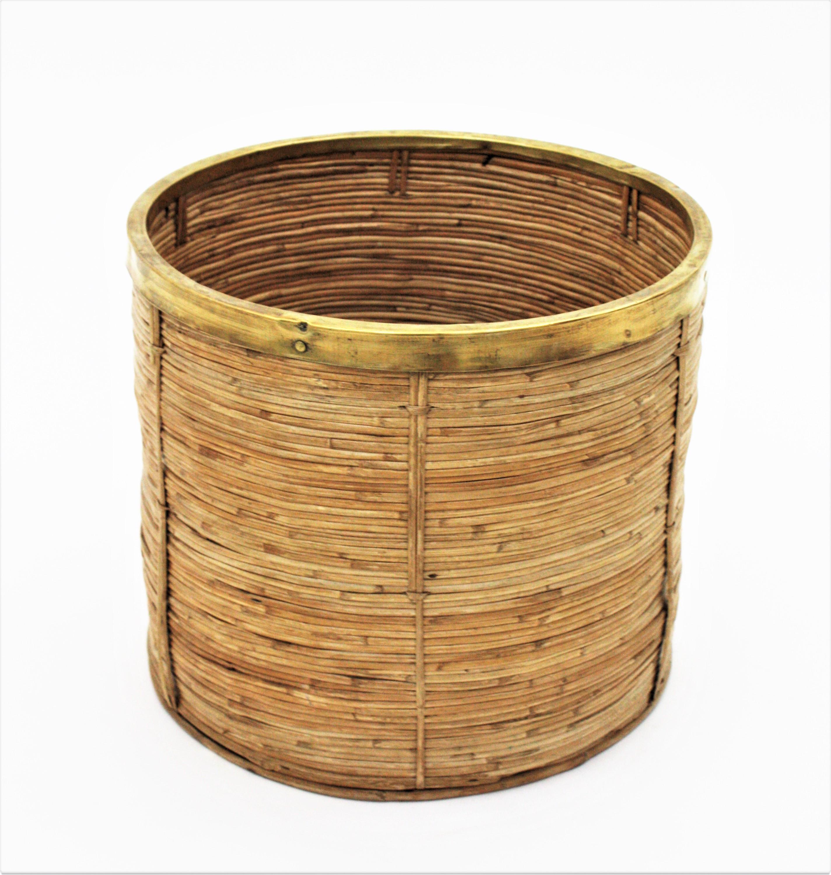 Italian Large Rattan Bamboo Round Planter with Brass Rim, Italy, 1970s For Sale