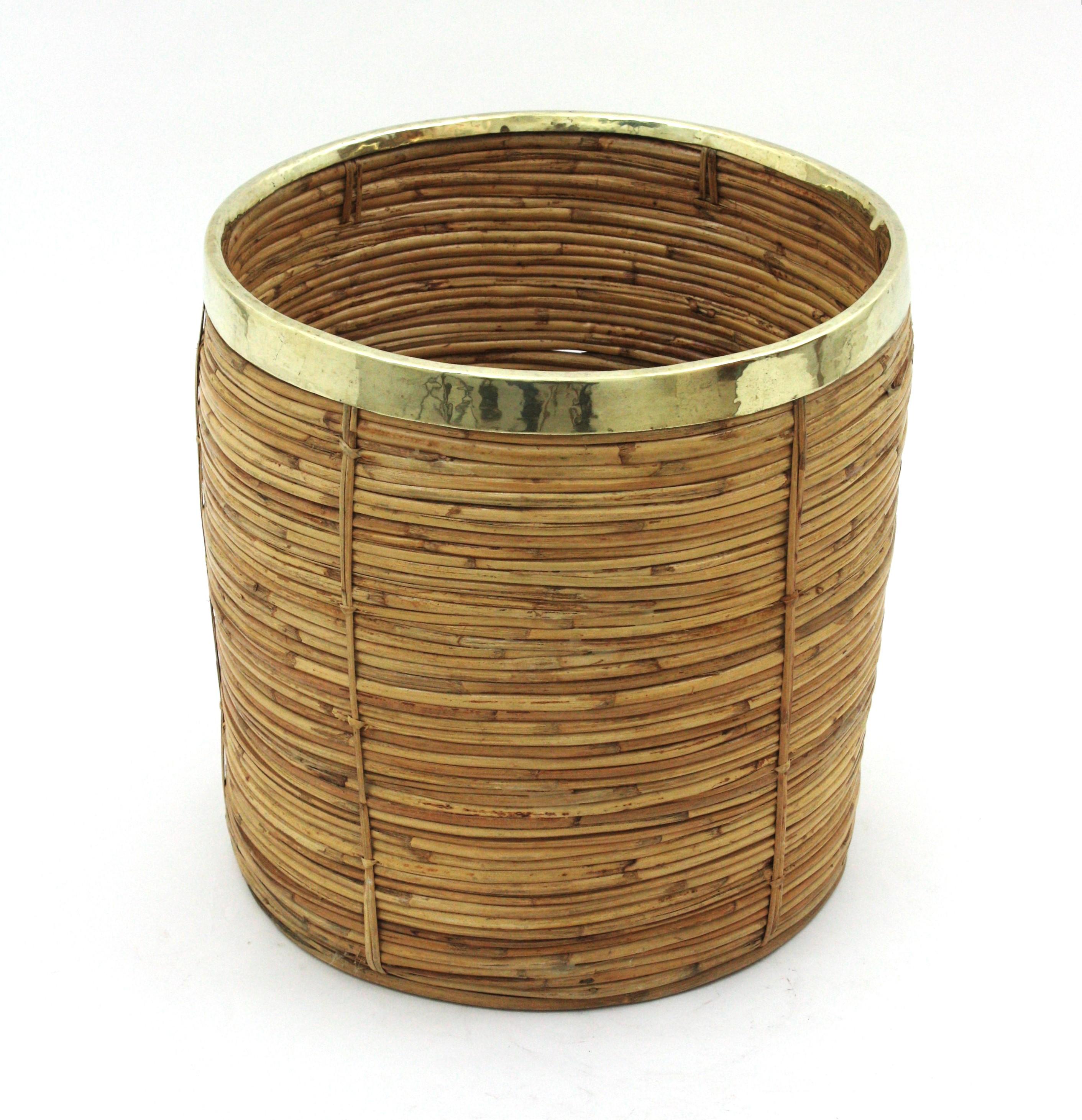 Italian Large Rattan Bamboo Round Planter with Brass Rim, Italy, 1970s