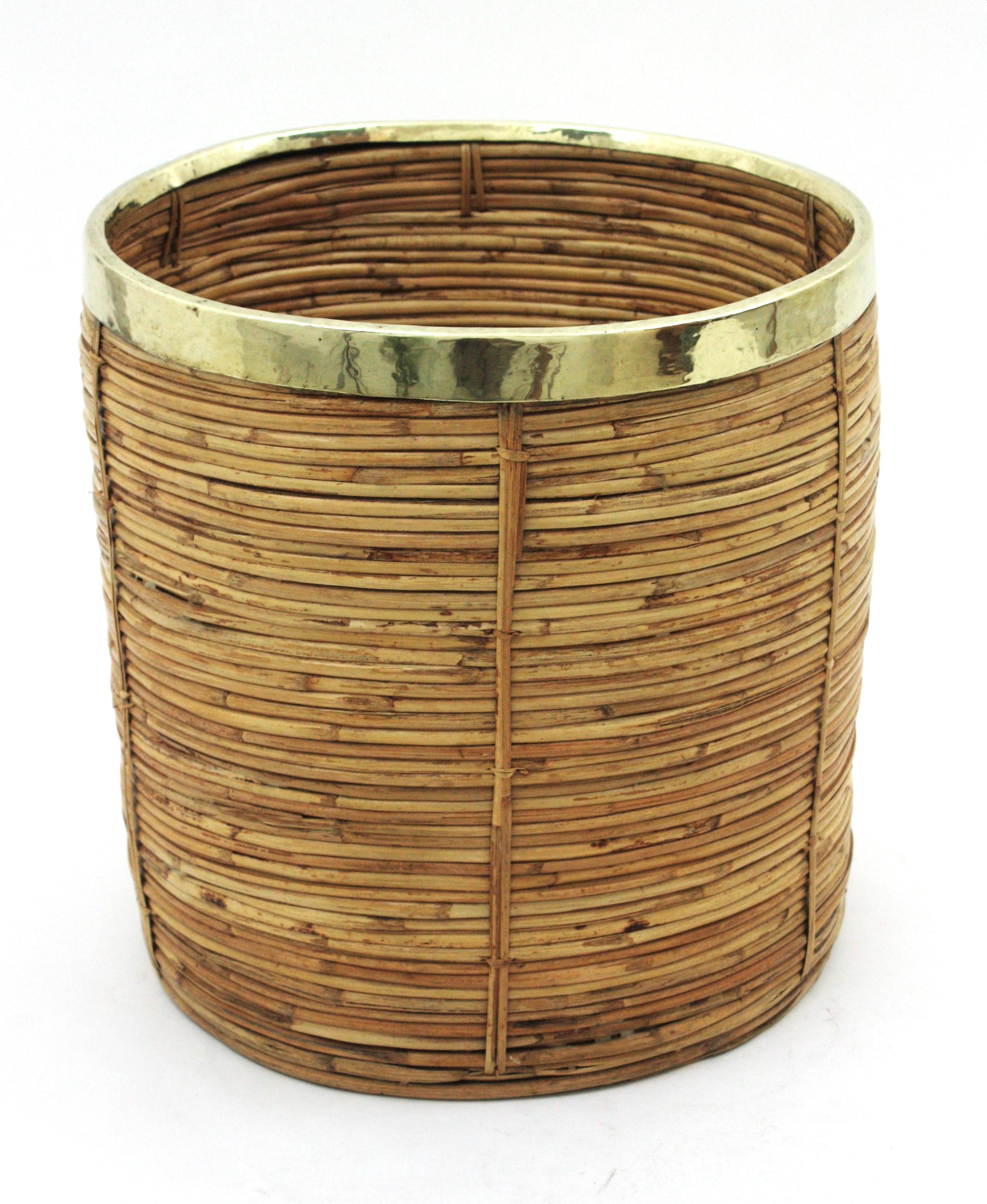 Hand-Carved Large Rattan Bamboo Round Planter with Brass Rim, Italy, 1970s