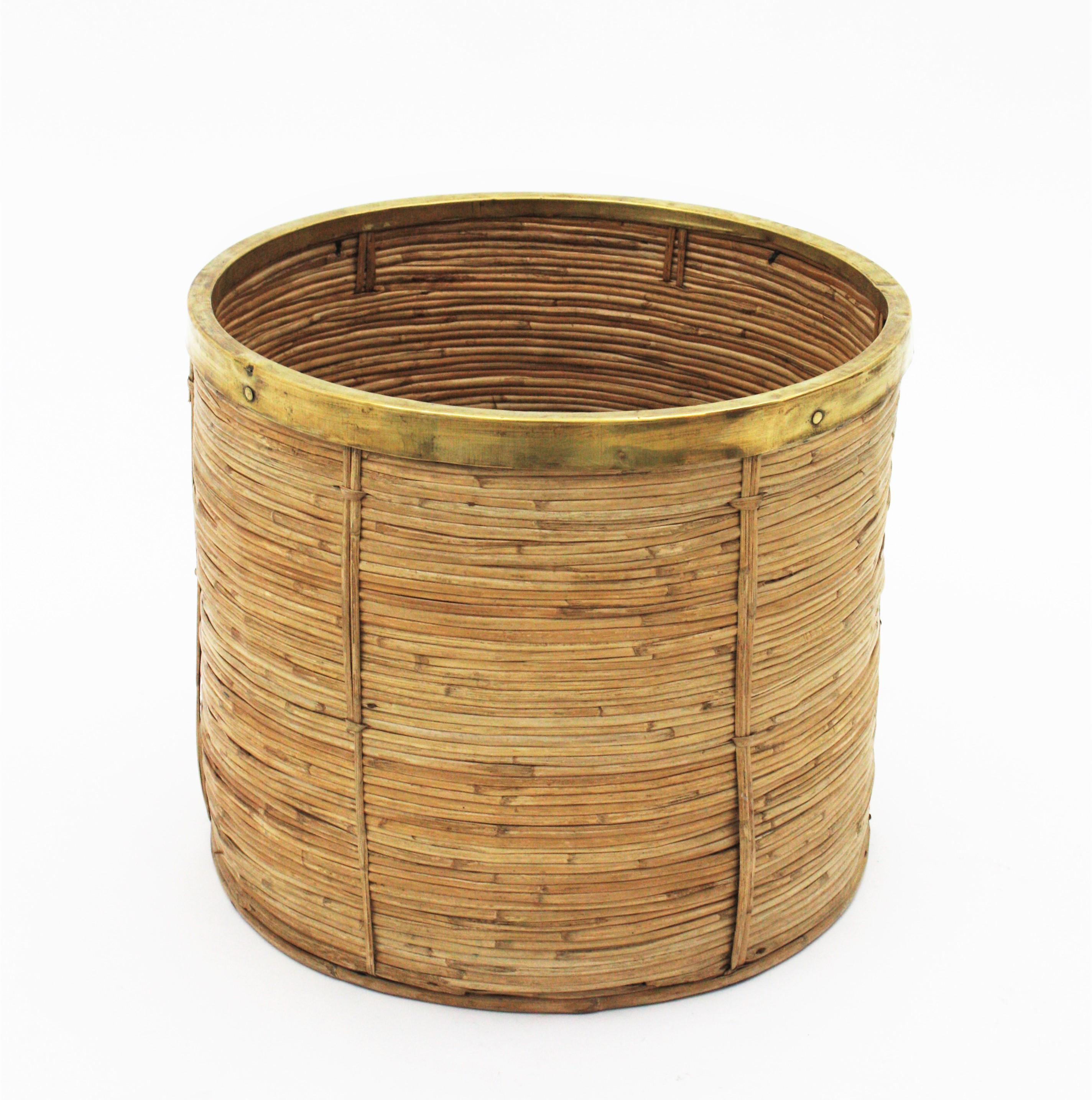 Large Rattan Bamboo Round Planter with Brass Rim, Italy, 1970s In Good Condition For Sale In Barcelona, ES