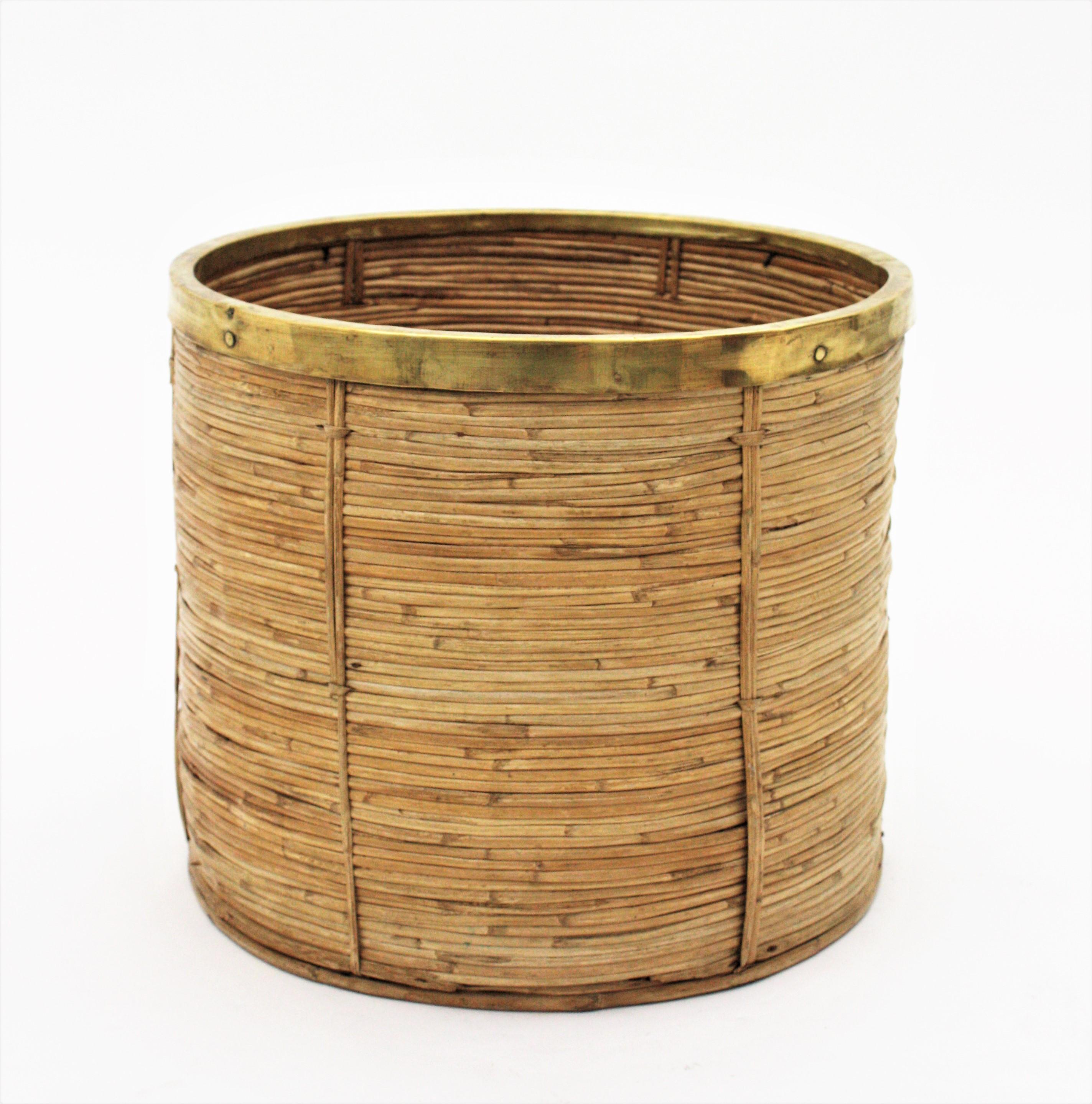 20th Century Large Rattan Bamboo Round Planter with Brass Rim, Italy, 1970s For Sale