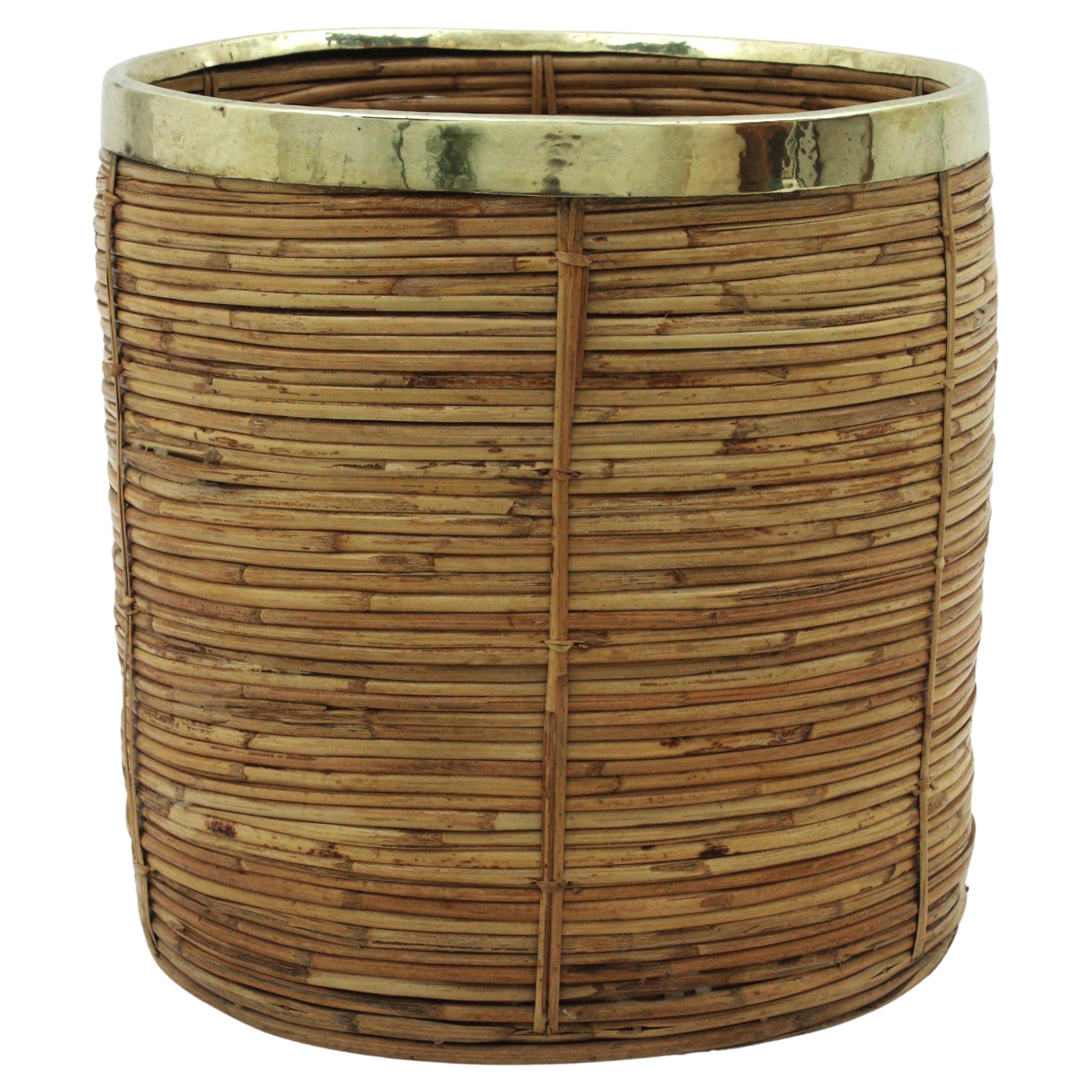 20th Century Large Rattan Bamboo Round Planter with Brass Rim, Italy, 1970s