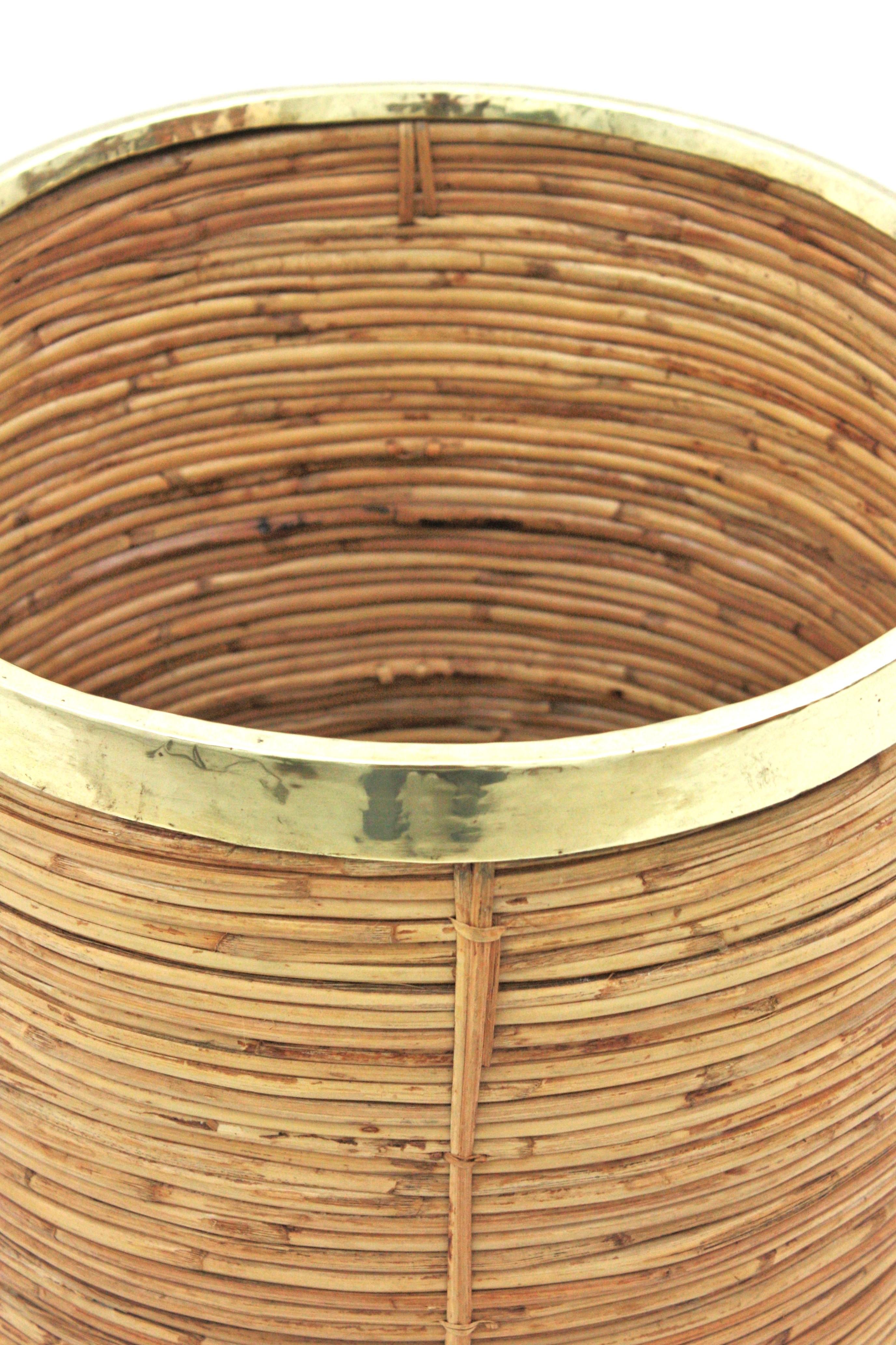 Large Rattan Bamboo Round Planter with Brass Rim, Italy, 1970s 2