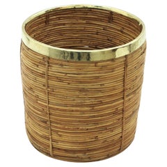 Large Rattan Bamboo Round Planter with Brass Rim, Italy, 1970s