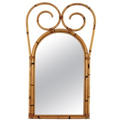 Large Rattan Bamboo Wall Mirror with Scroll Top, Italian Designer, 1950s