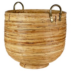 Large Rattan Basket with Brass Handles, 1960s