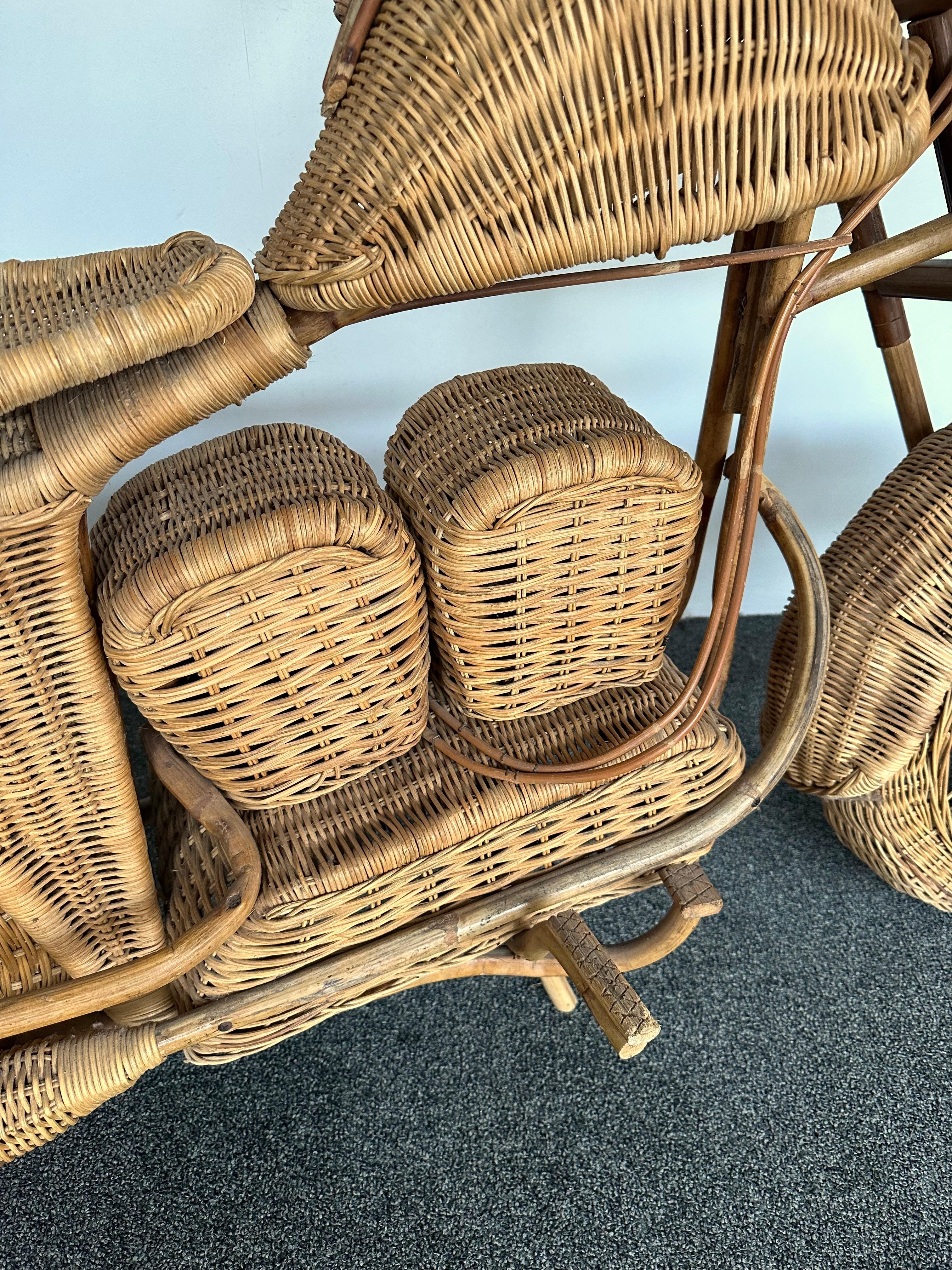 Mid-Century Modern Large Rattan Decorative Motorcycle Sculpture. Italy, 1980s