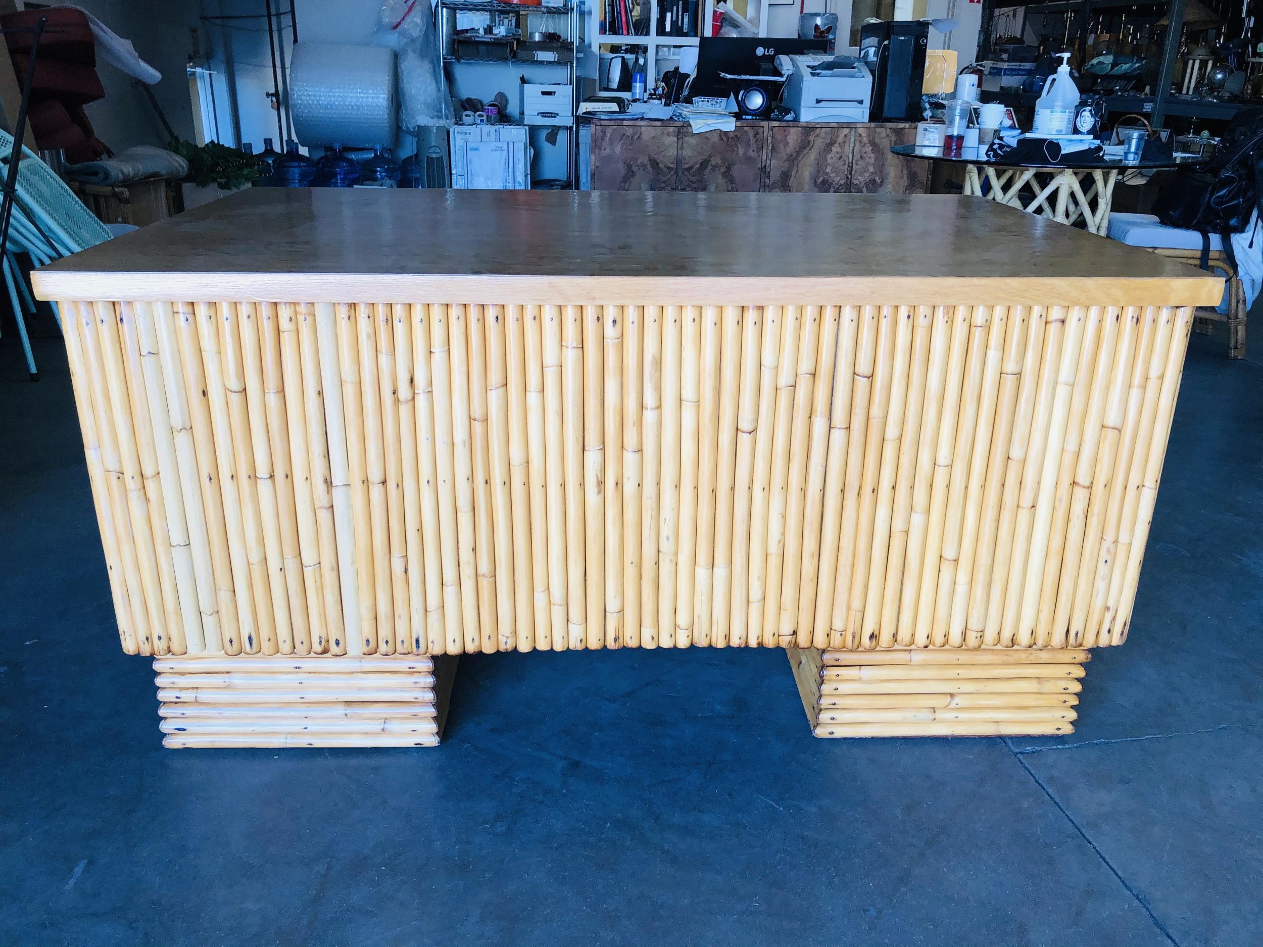 Large Rattan Executive Desk with Stacked Base and Solid Mahogany Top 5