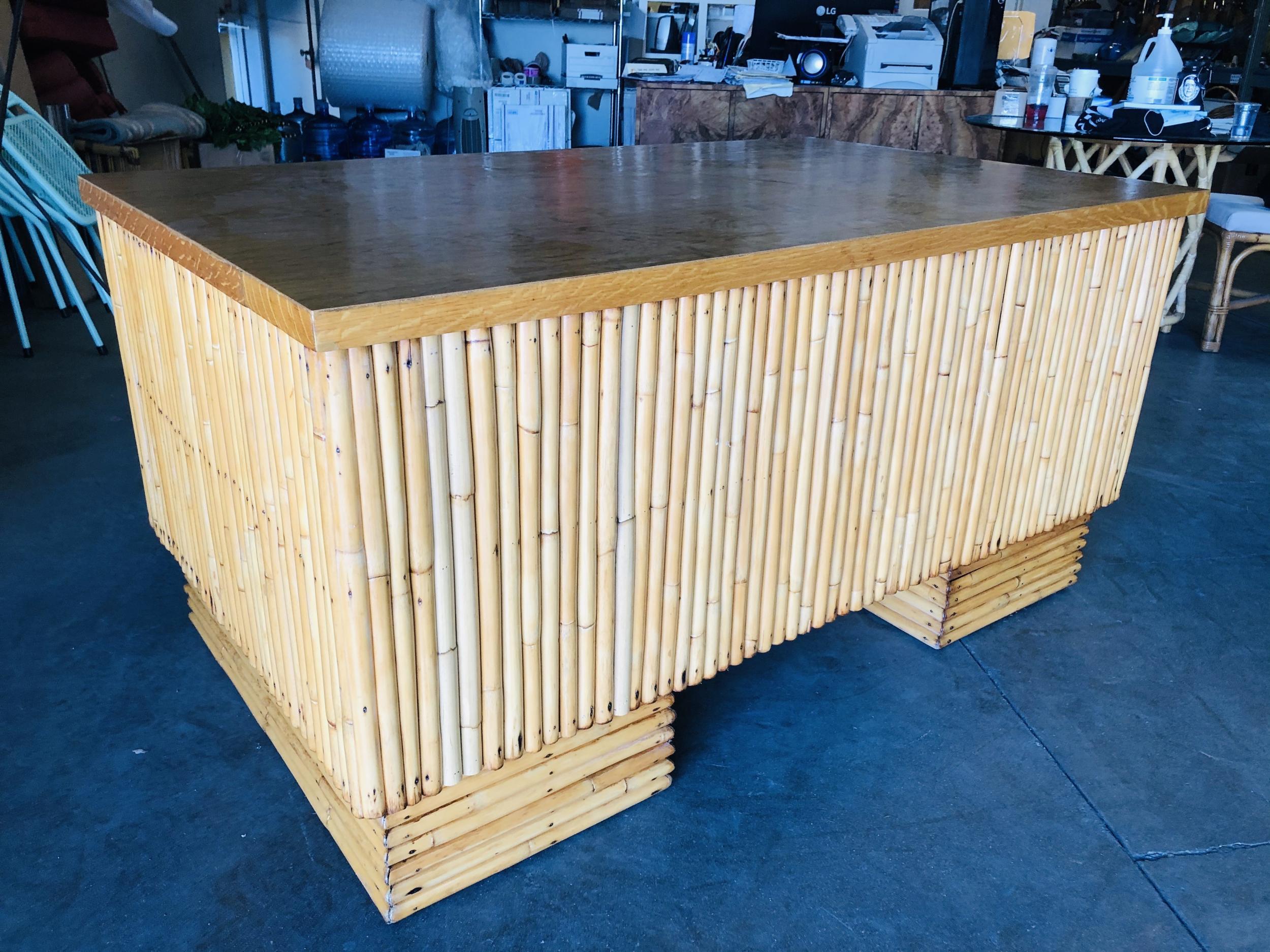 Large Rattan Executive Desk with Stacked Base and Solid Mahogany Top 3