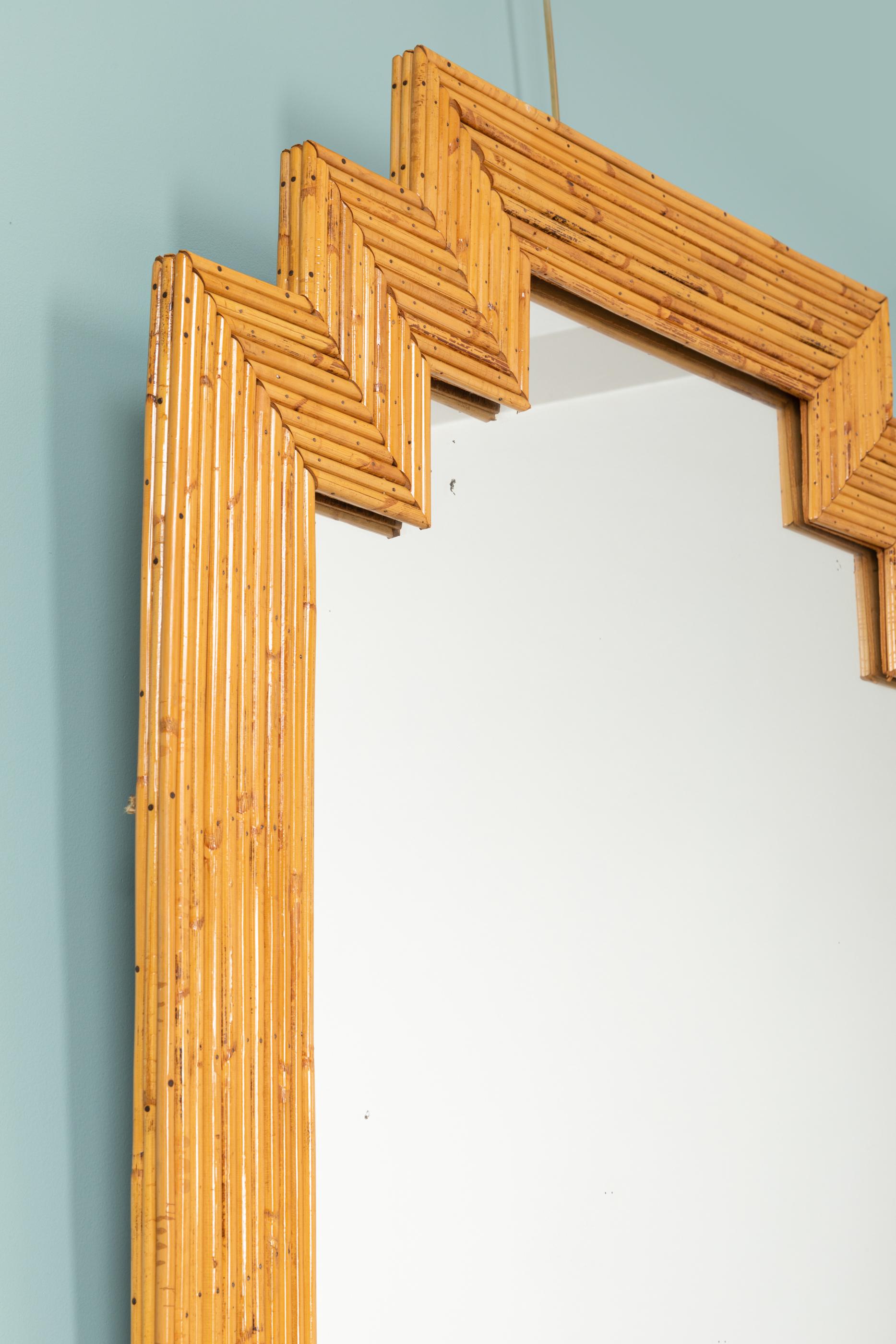 French Large Rattan Frame Mirror, France, 1960's