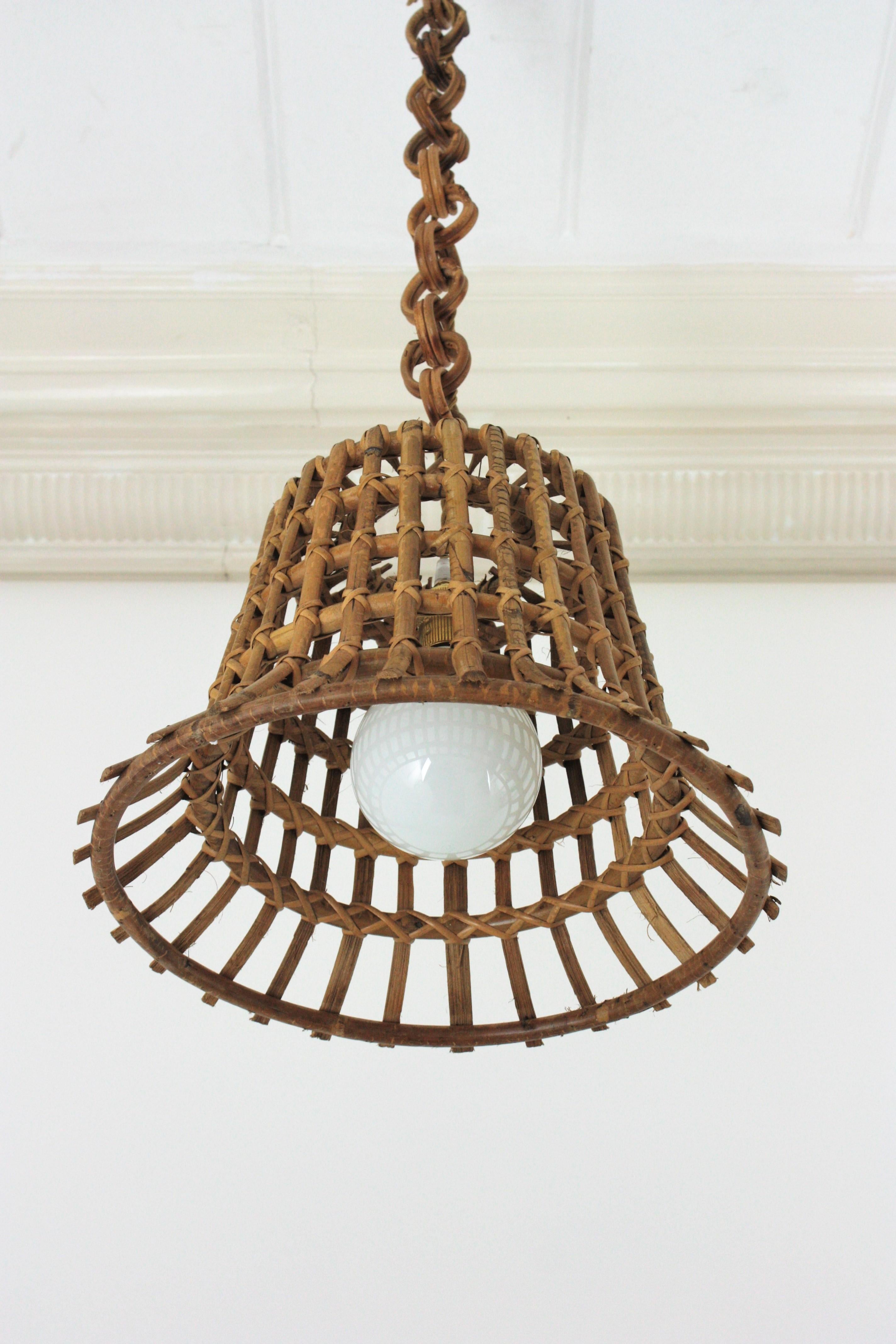 20th Century Large Rattan Grid Bell Pendant Light / Hanging Ceiling Lamp, France, 1960s For Sale