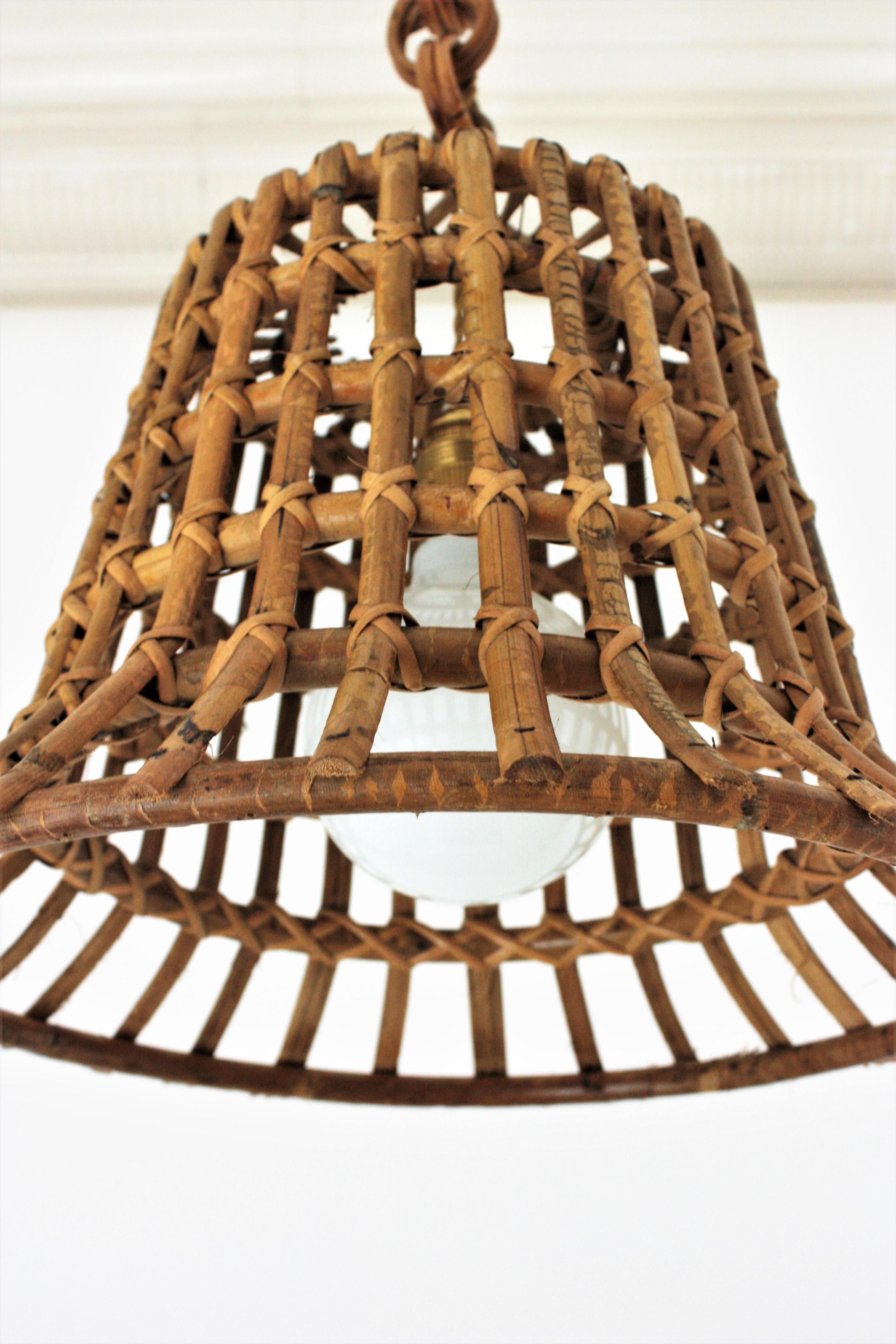 Bamboo Large Rattan Grid Bell Pendant Light / Hanging Ceiling Lamp, France, 1960s For Sale