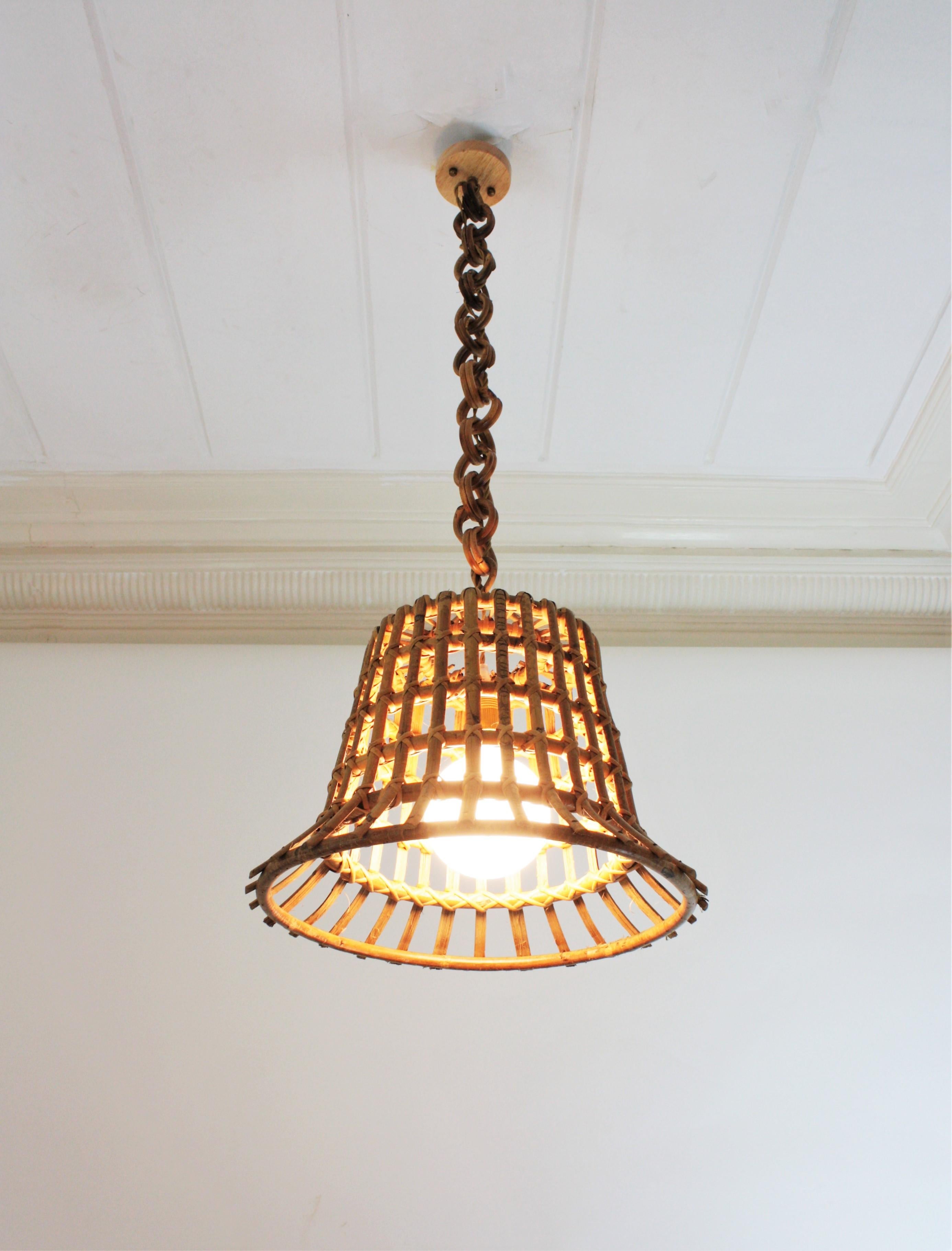 Large Rattan Grid Bell Pendant Light / Hanging Ceiling Lamp, France, 1960s For Sale 4