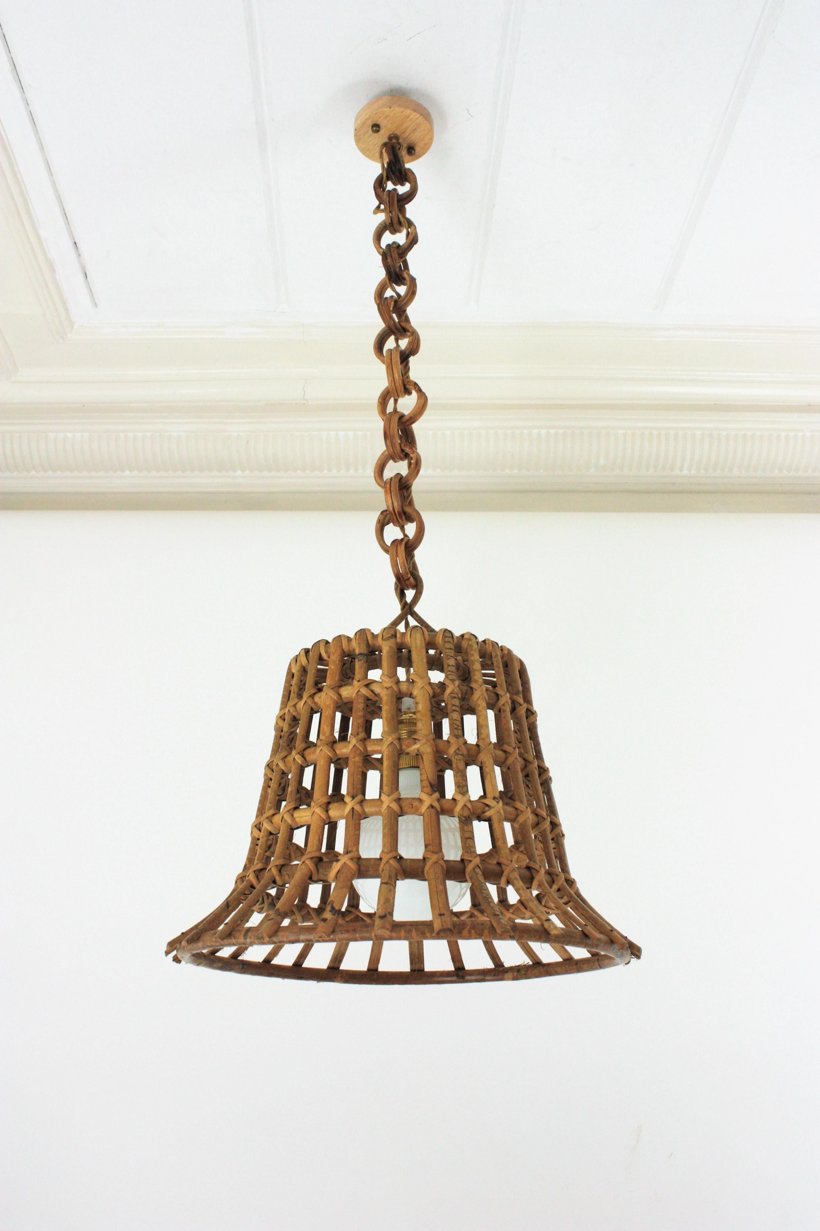 Large Rattan Grid Bell Pendant Light / Hanging Ceiling Lamp, France, 1960s For Sale 5