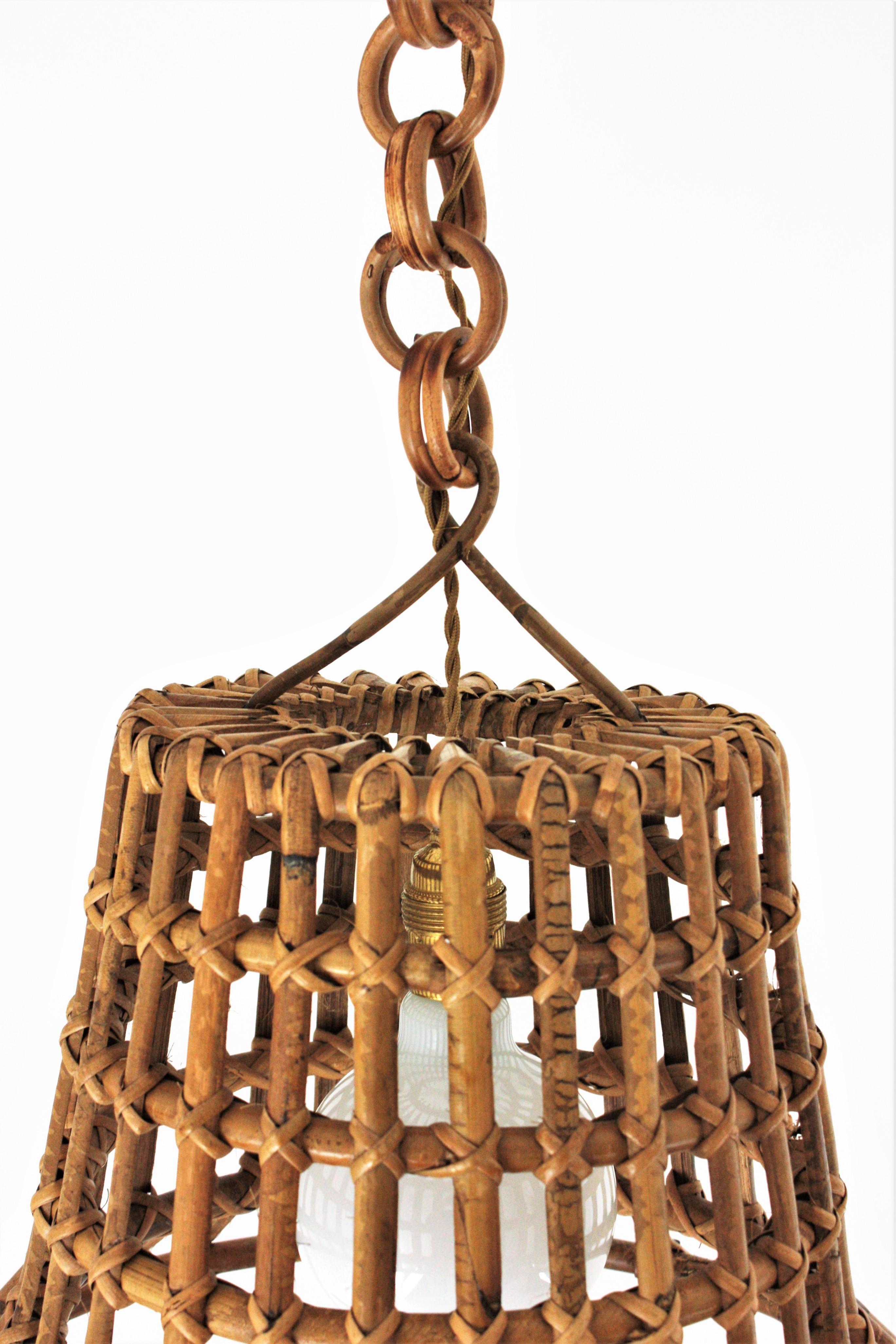 Large Rattan Grid Bell Pendant Light / Hanging Ceiling Lamp, France, 1960s For Sale 8