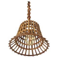 Large Rattan Grid Bell Pendant Light / Hanging Ceiling Lamp, France, 1960s