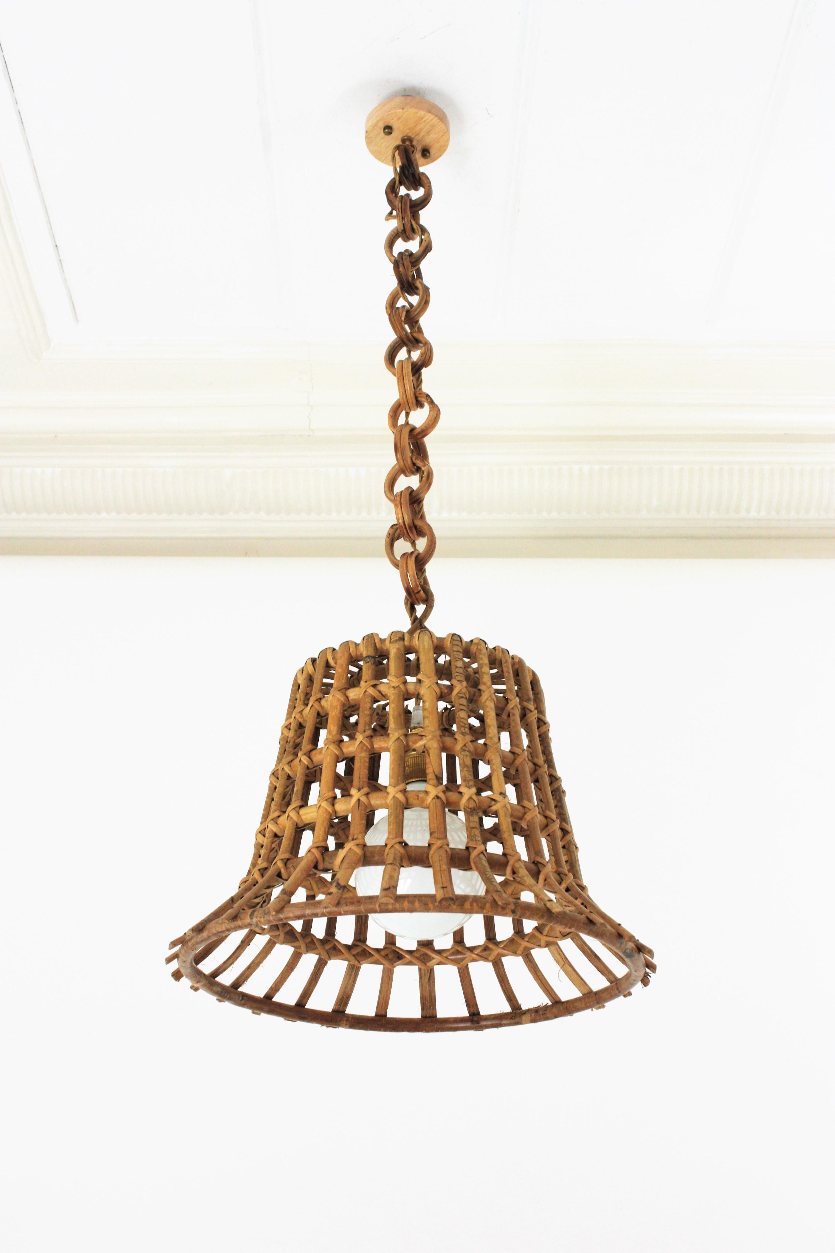 Mid-Century Modern Large Rattan Grid Bell Pendant Light / Hanging Ceiling Lamp, France, 1960s For Sale