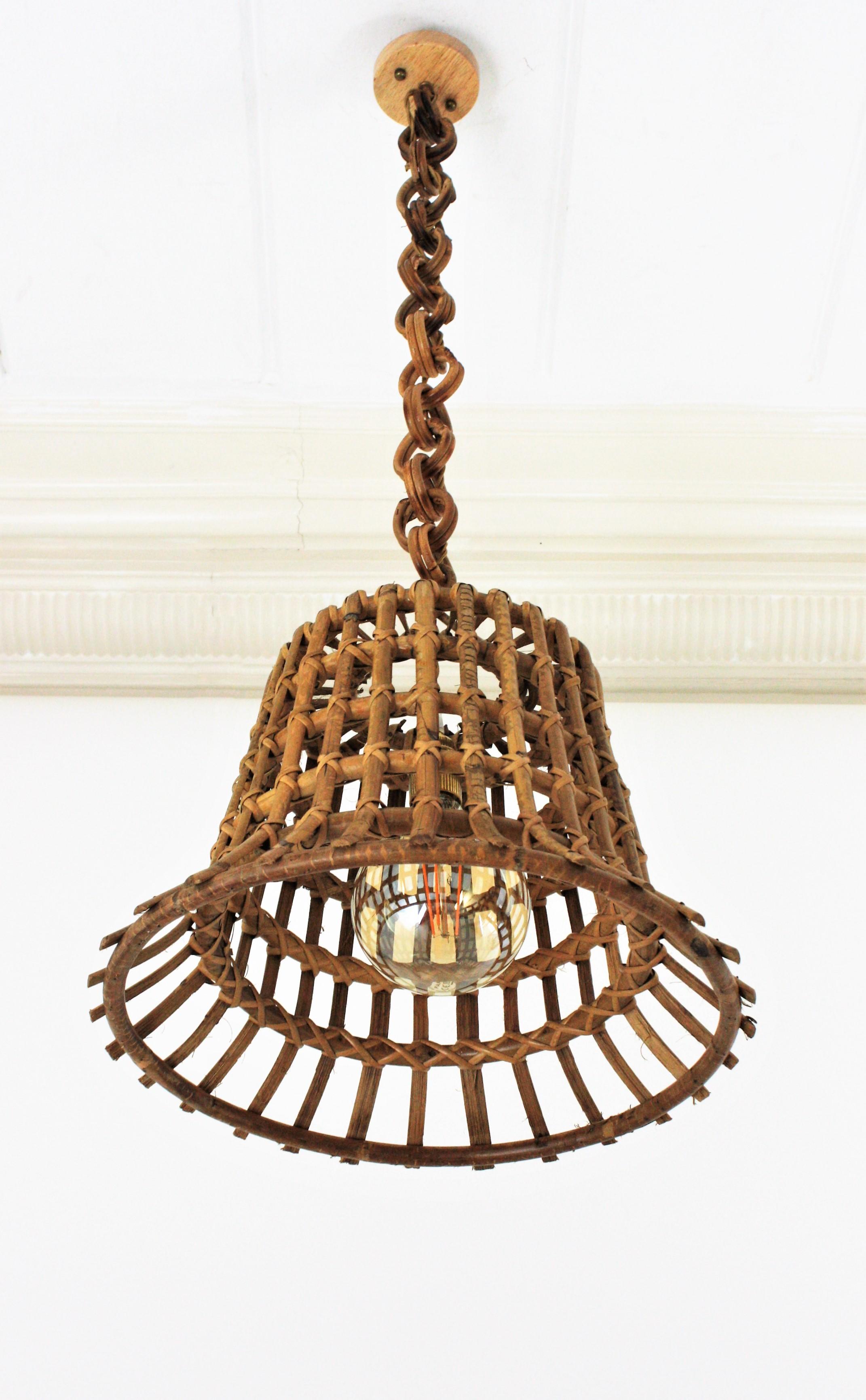 French Large Rattan Grid Bell Pendant Light / Hanging Ceiling Lamp, France, 1960s For Sale