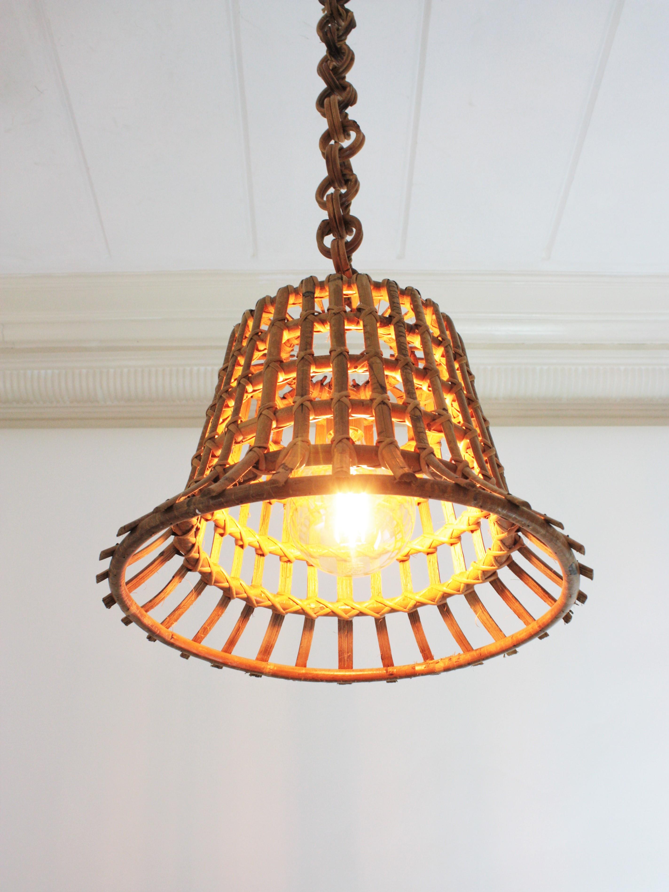 Hand-Crafted Large Rattan Grid Bell Pendant Light / Hanging Ceiling Lamp, France, 1960s For Sale