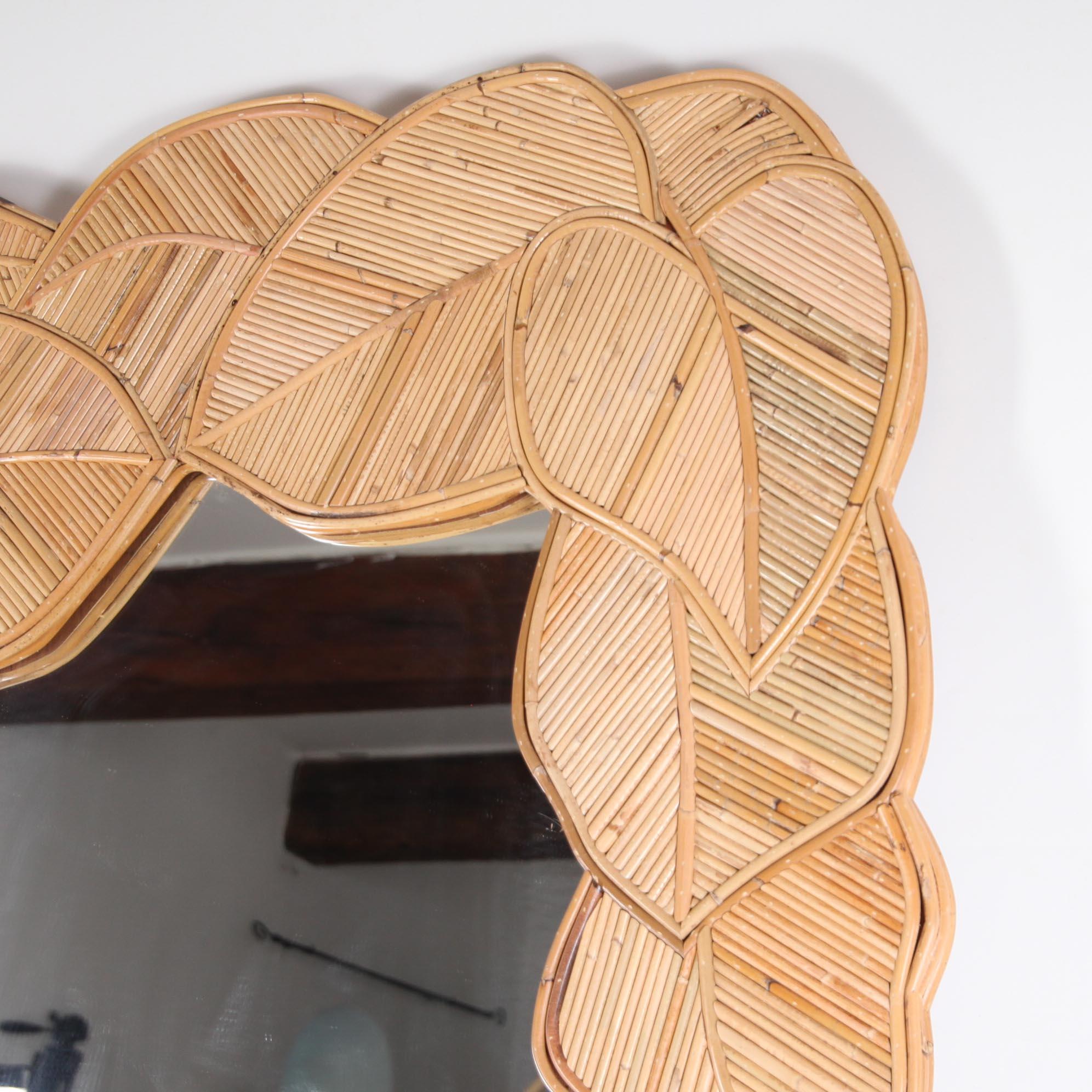 Beautiful and rare rattan full-length mirror. You can easily place it on the floor or hang it on the wall.
Unique design typical of the seventies.
High quality of work, entirely hand made. Excellent condition.