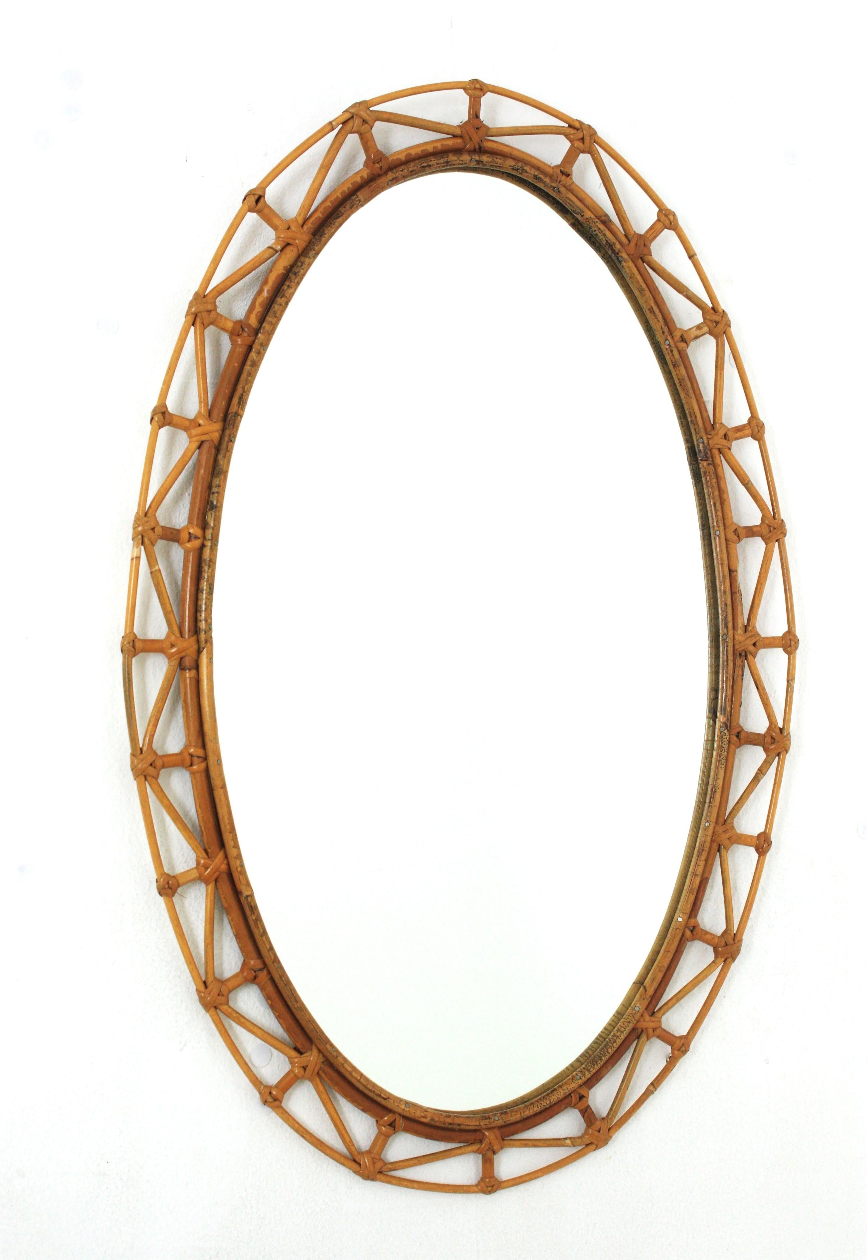 Large Rattan Oval Mirror with Geometric Frame, Spain, 1950s For Sale at ...