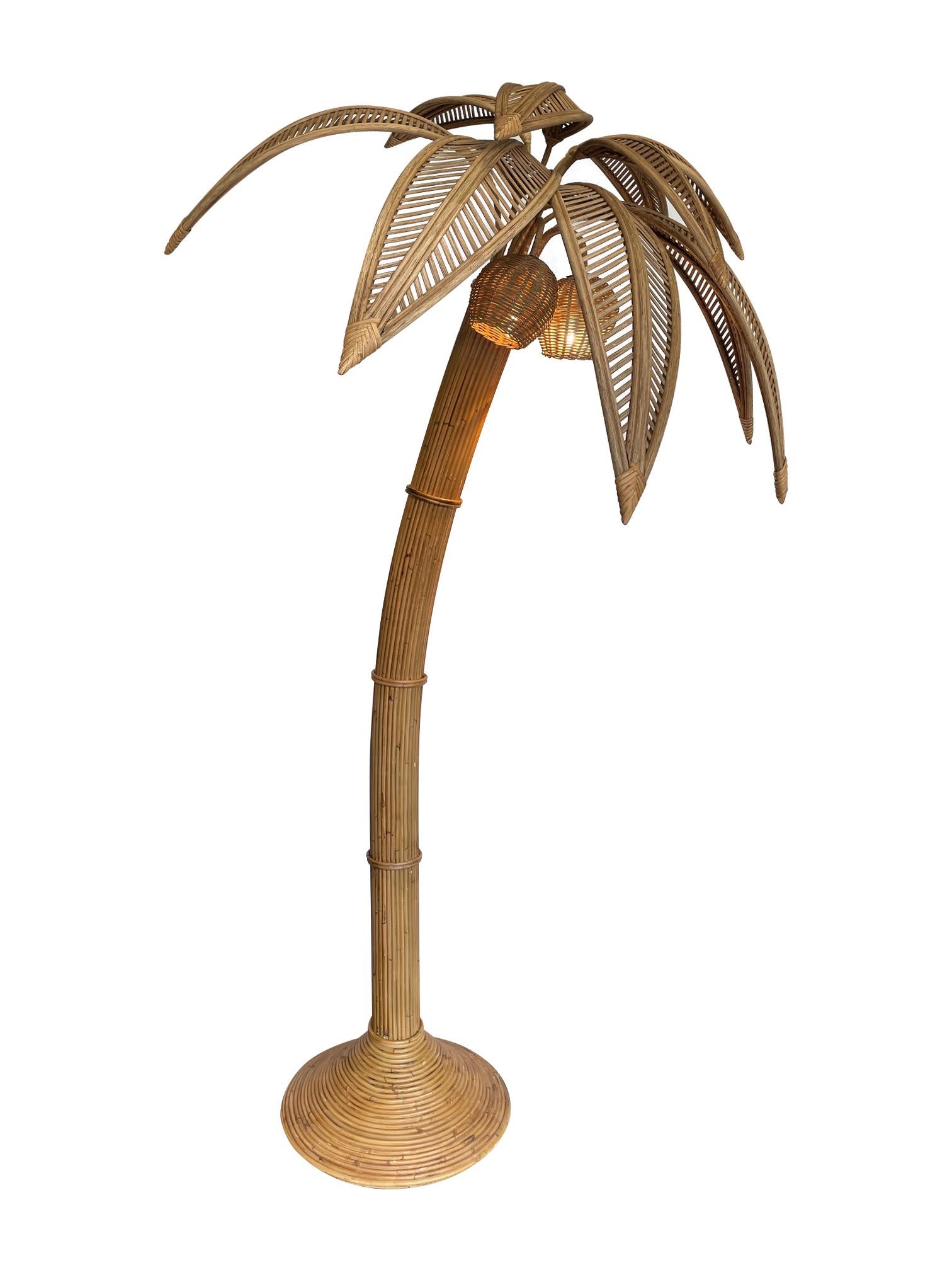 Large Rattan Palm Tree Floor Light, with Three Bulbs in the Coconuts For Sale 4