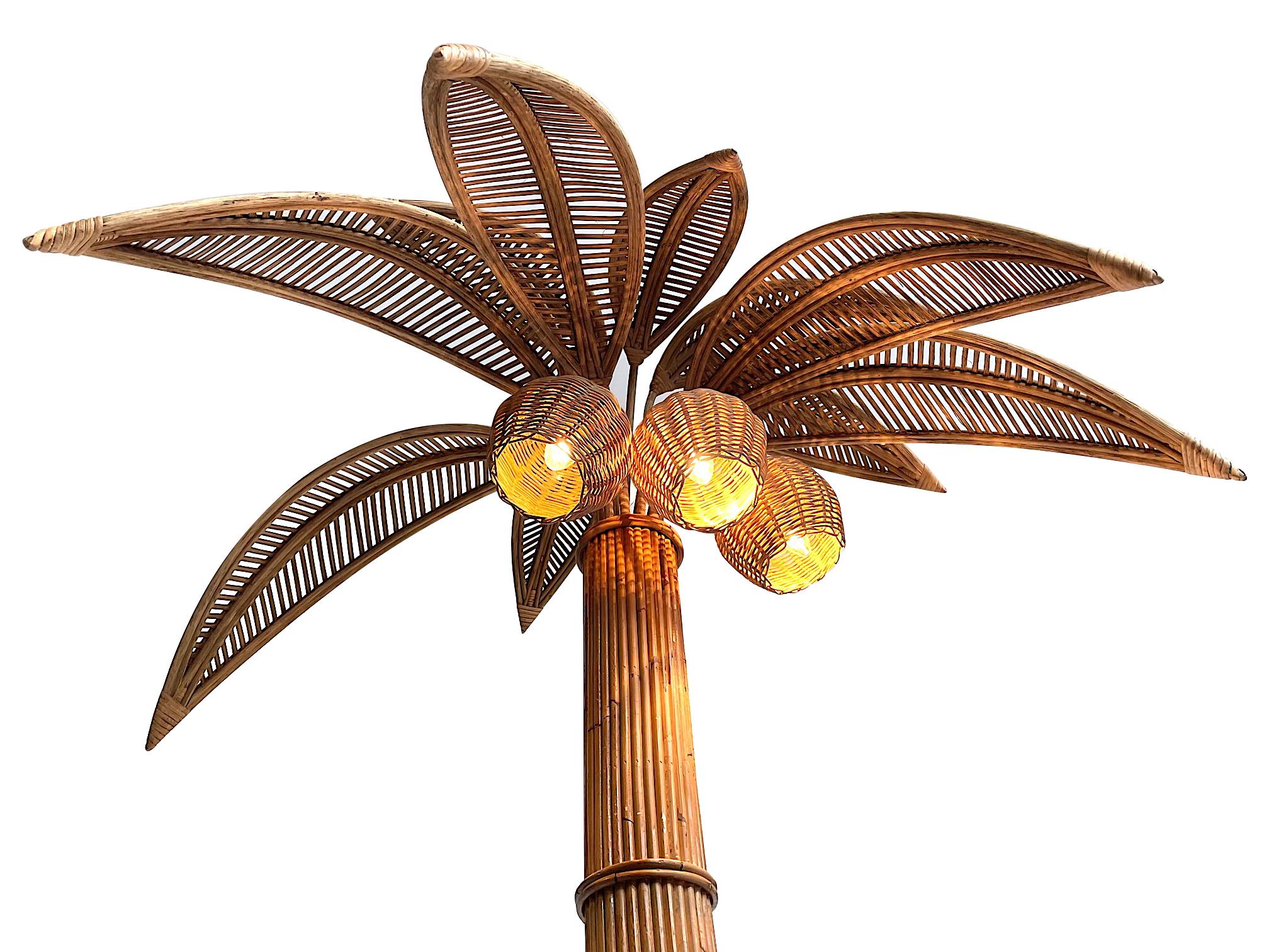 Contemporary Large Rattan Palm Tree Floor Light, with Three Bulbs in the Coconuts For Sale