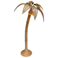 Large Rattan Palm Tree Floor Light, with Three Bulbs in the Coconuts