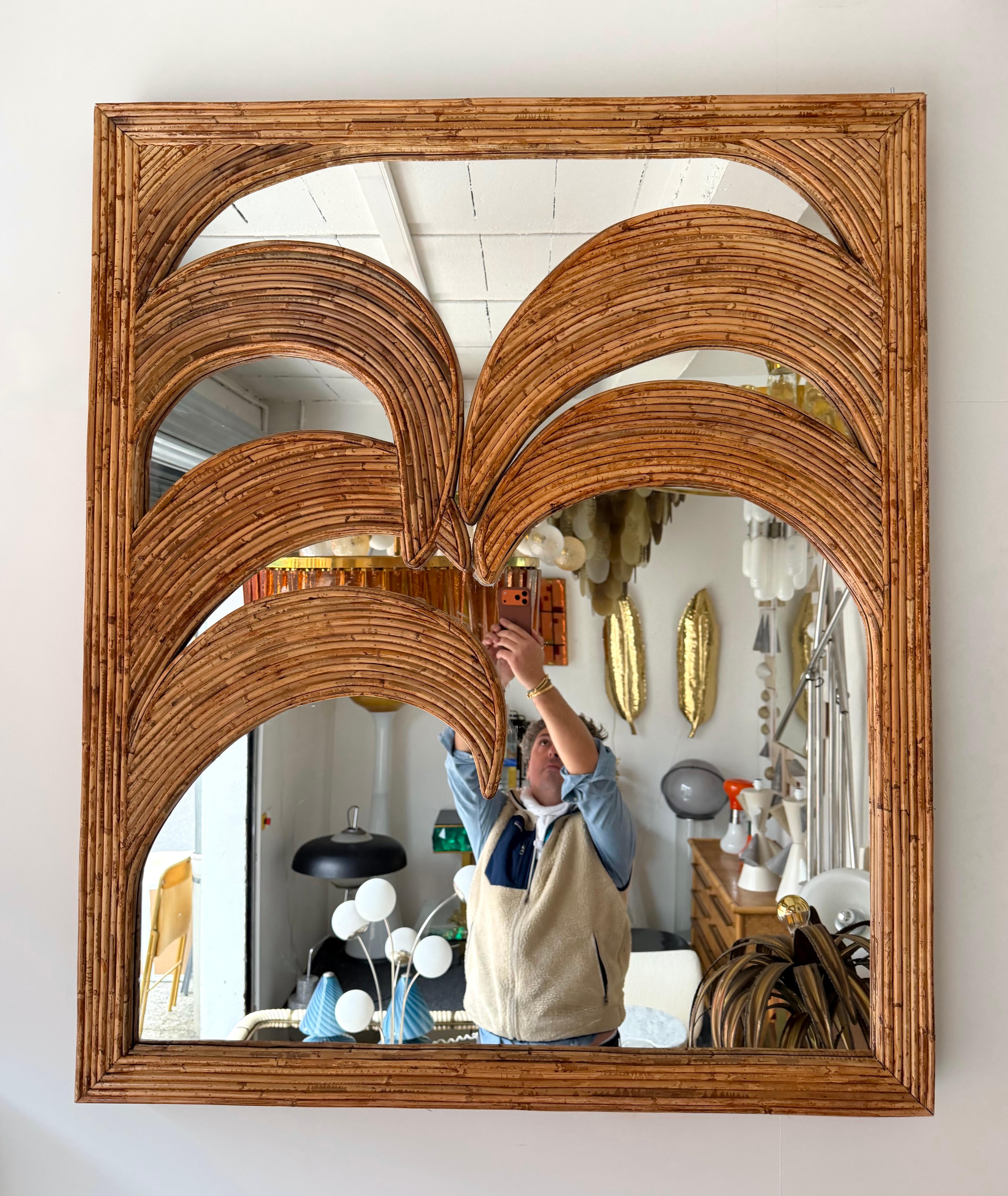Palm tree wall mirror bamboo, rattan raffia, wicker by the manufacture Vivai del Sud italian design. Original manufacture stamp on the back.  Famous design like, Maison Arpex International, Dal Vera, Renato Zevi, Romeo Rega, Maison Jansen brass palm