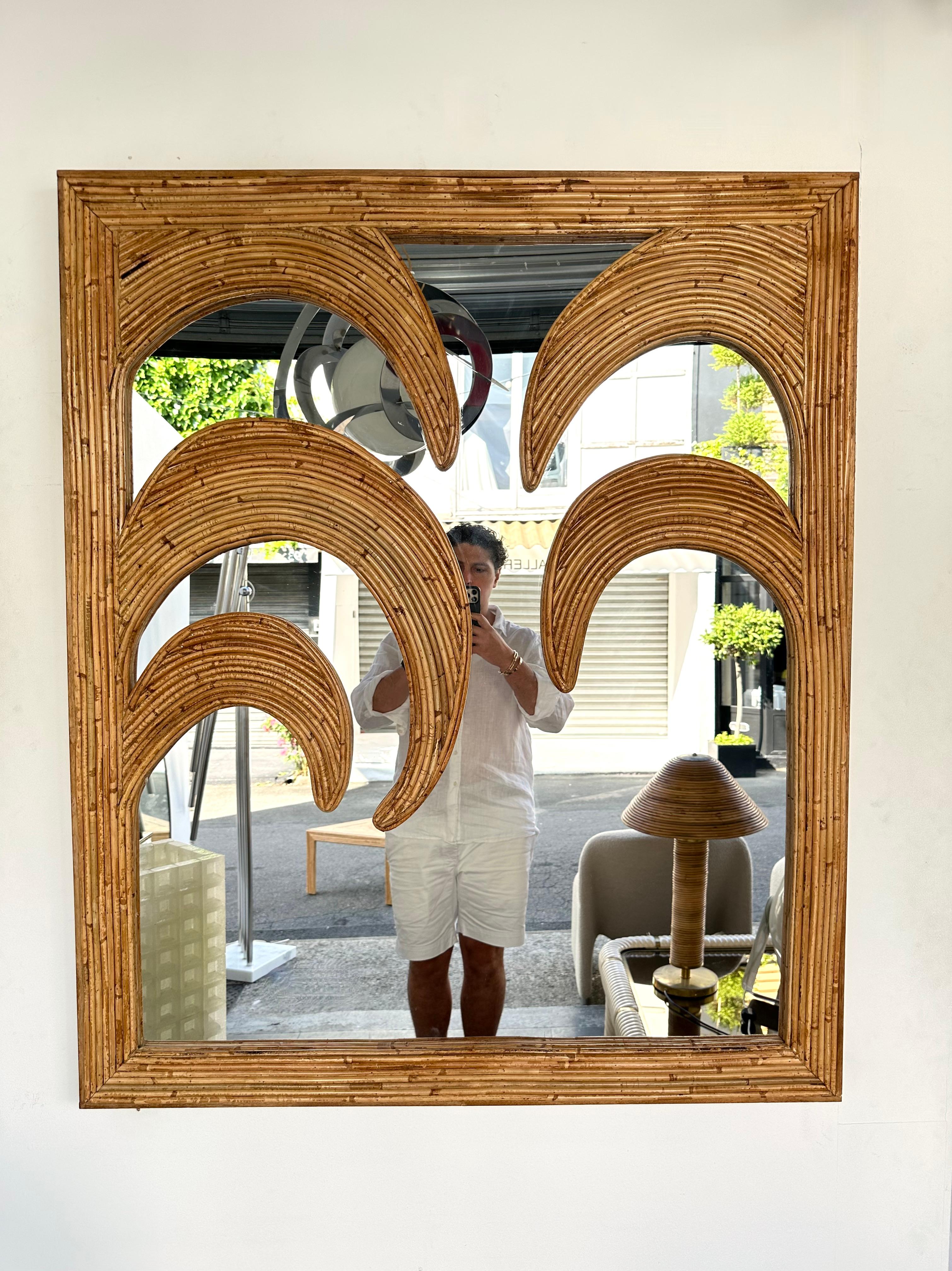 Mid-Century Modern Large Rattan Palm Tree Mirror by Vivai Del Sud. Italy, 1970s