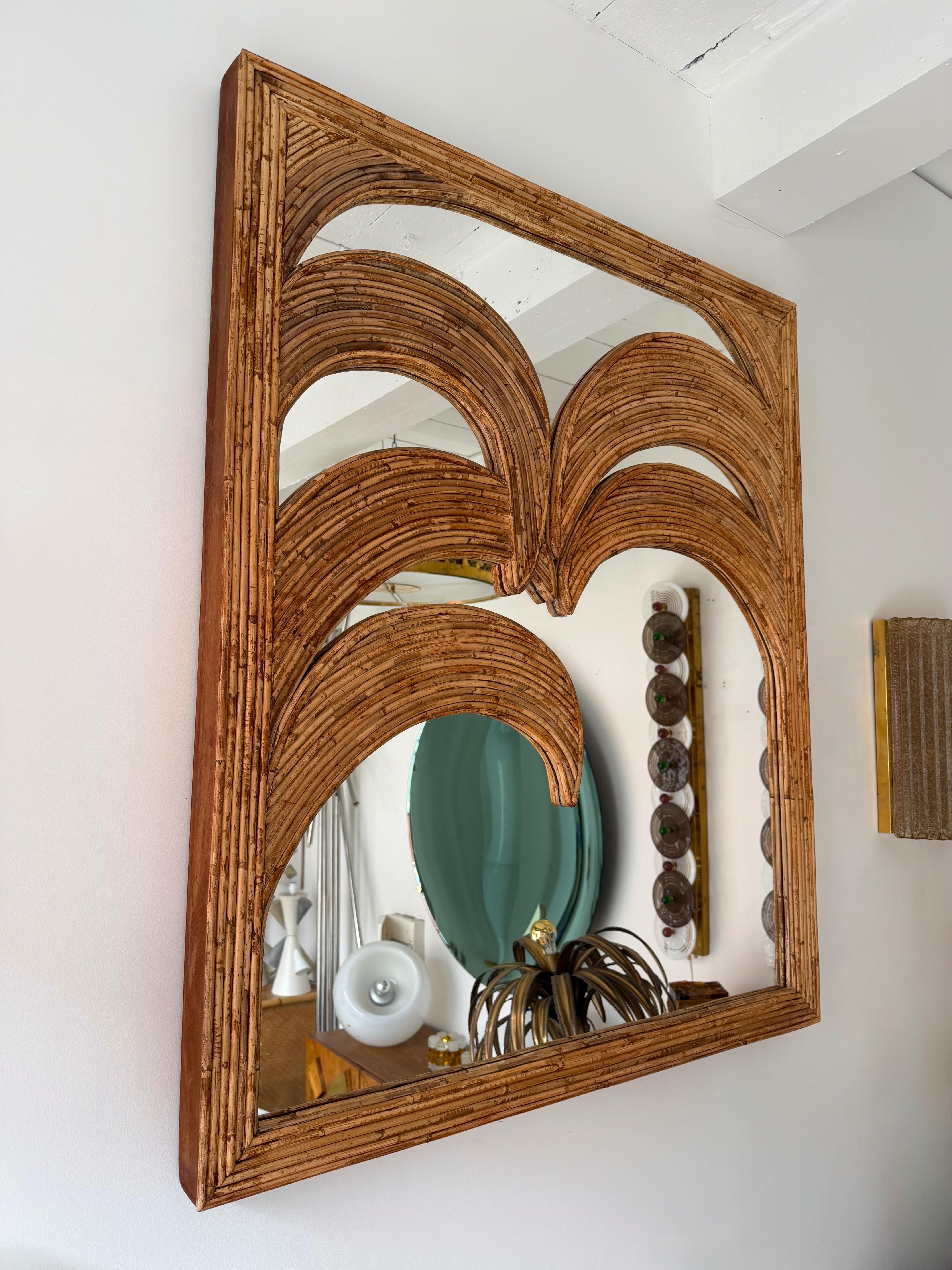Large Rattan Palm Tree Mirror by Vivai Del Sud. Italy, 1970s en vente 1