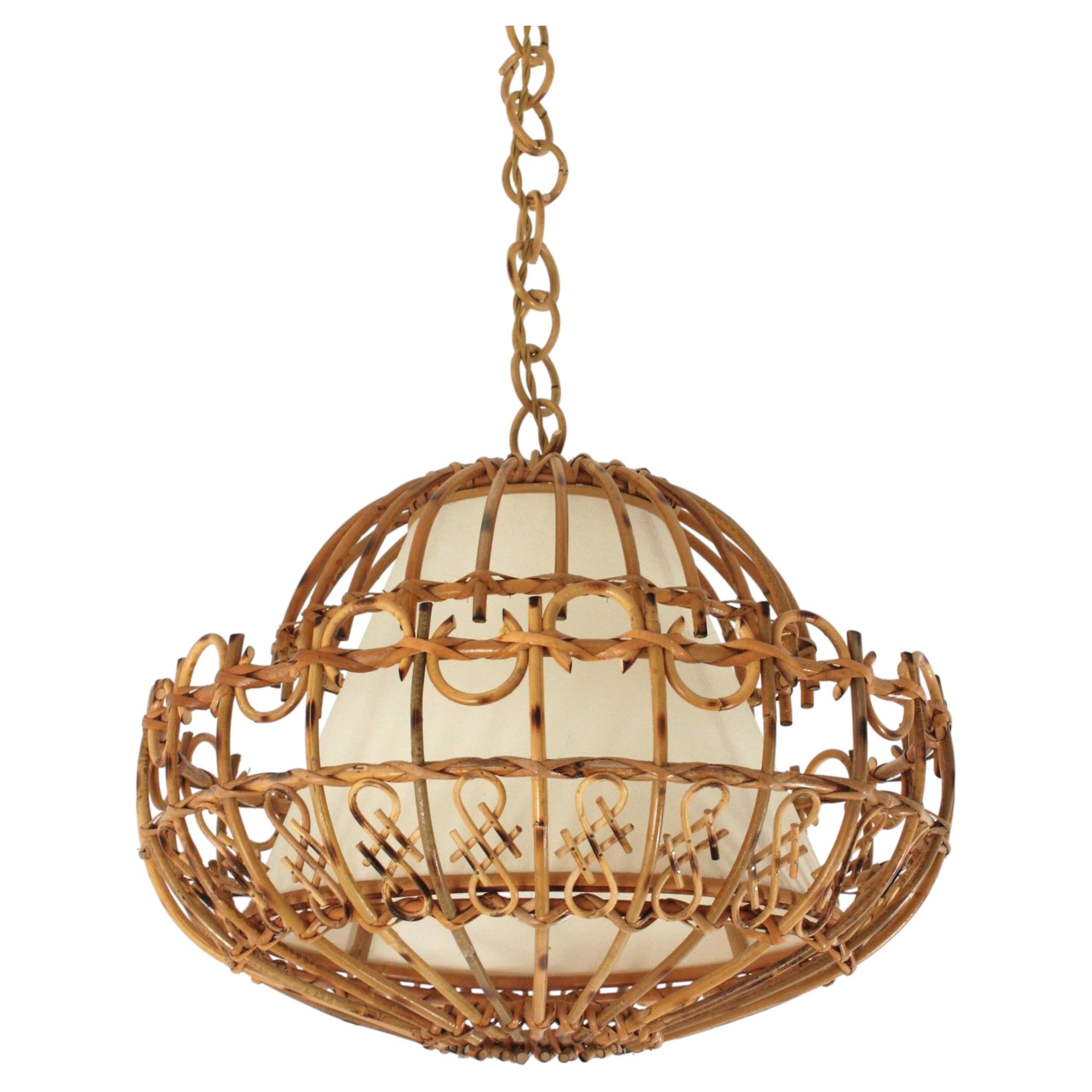 Large Rattan Pendant Hanging Light / Lantern, 1960s