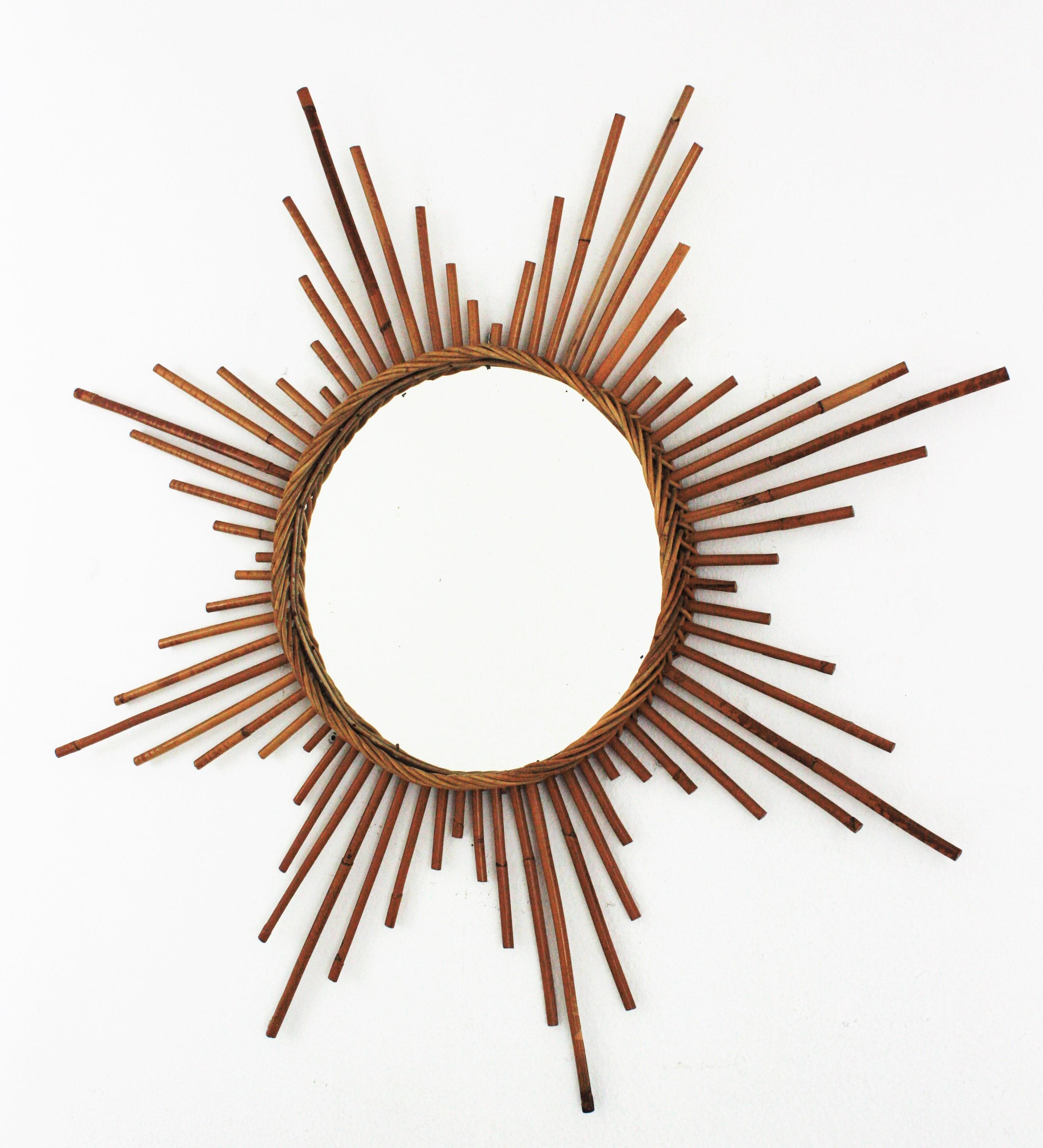 Large Rattan Sunburst Starburst Mirror, 1960s 3