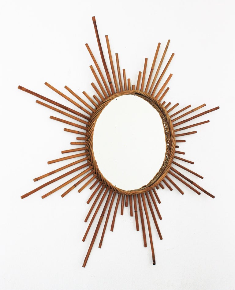 Mid-Century Modern Large Rattan Sunburst Starburst Mirror, 1960s For Sale