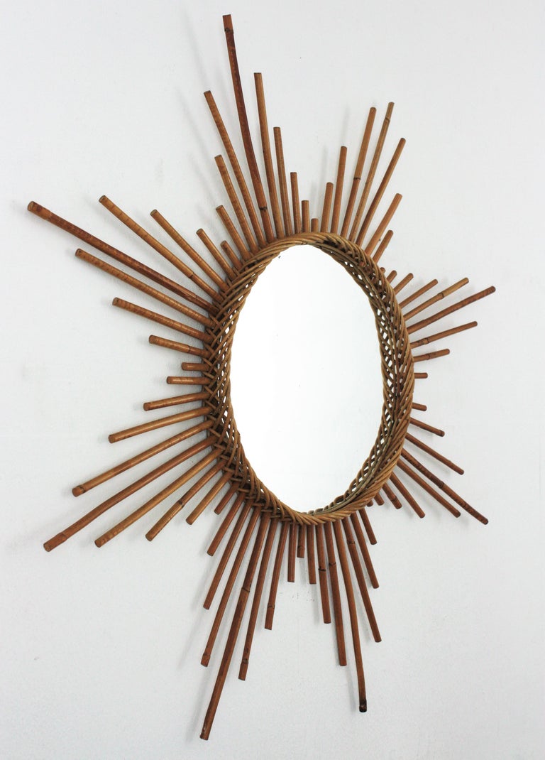 French Large Rattan Sunburst Starburst Mirror, 1960s For Sale