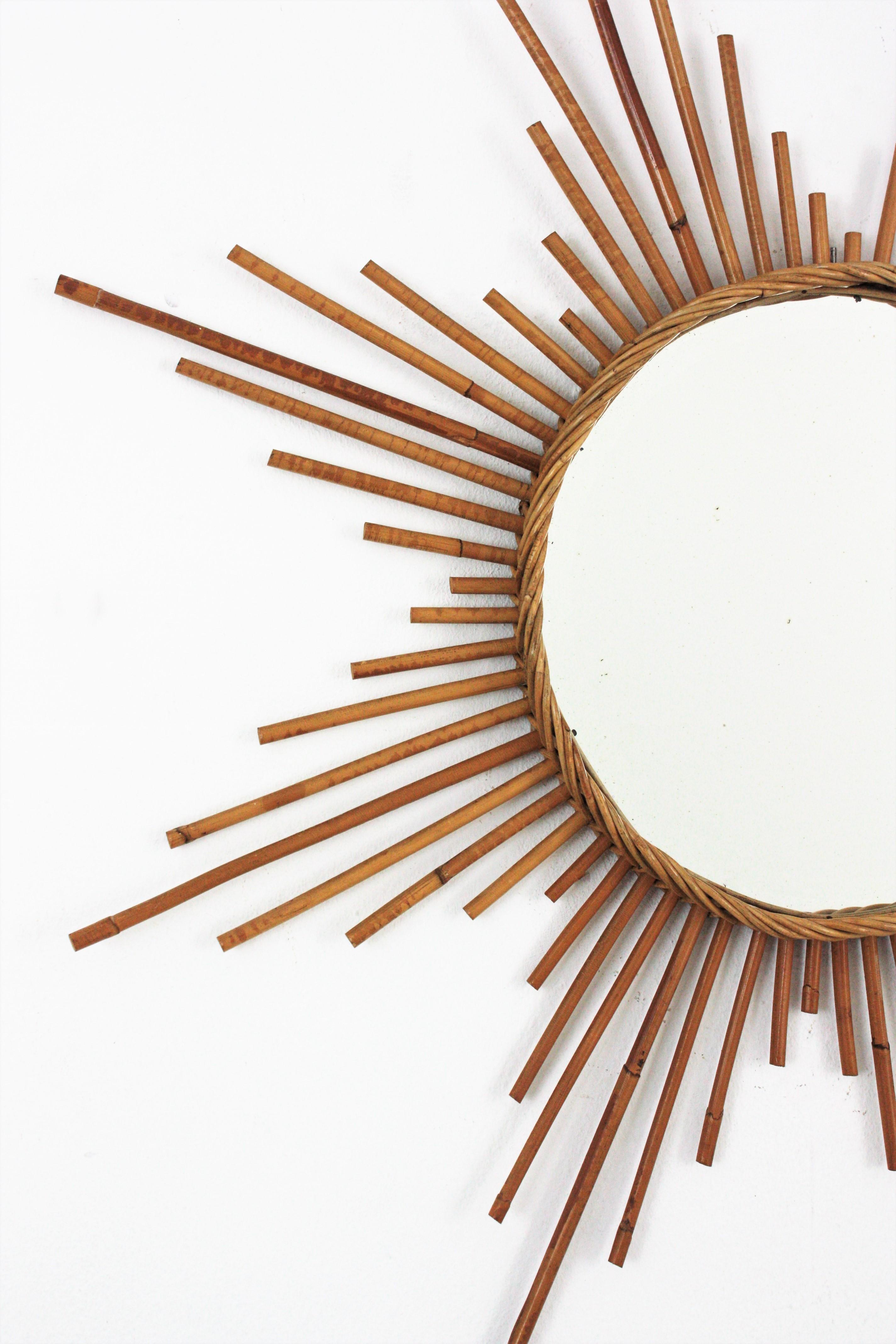 Large Rattan Sunburst Starburst Mirror, 1960s In Good Condition In Barcelona, ES